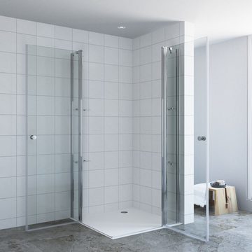 AQUALAVOS Eckdusche Eckeinstieg Duschkabine Drehtür Eckdusche mit Doppeltür Schwingtüren, BxT: 90x90 cm, 6 mm Einscheiben-Sicherheitsglas (ESG) mit Lotus-Effekt Nano Beschichtung, Hebe-Senk-Funktion, Magnetverschluss, barrierefrei montierbar