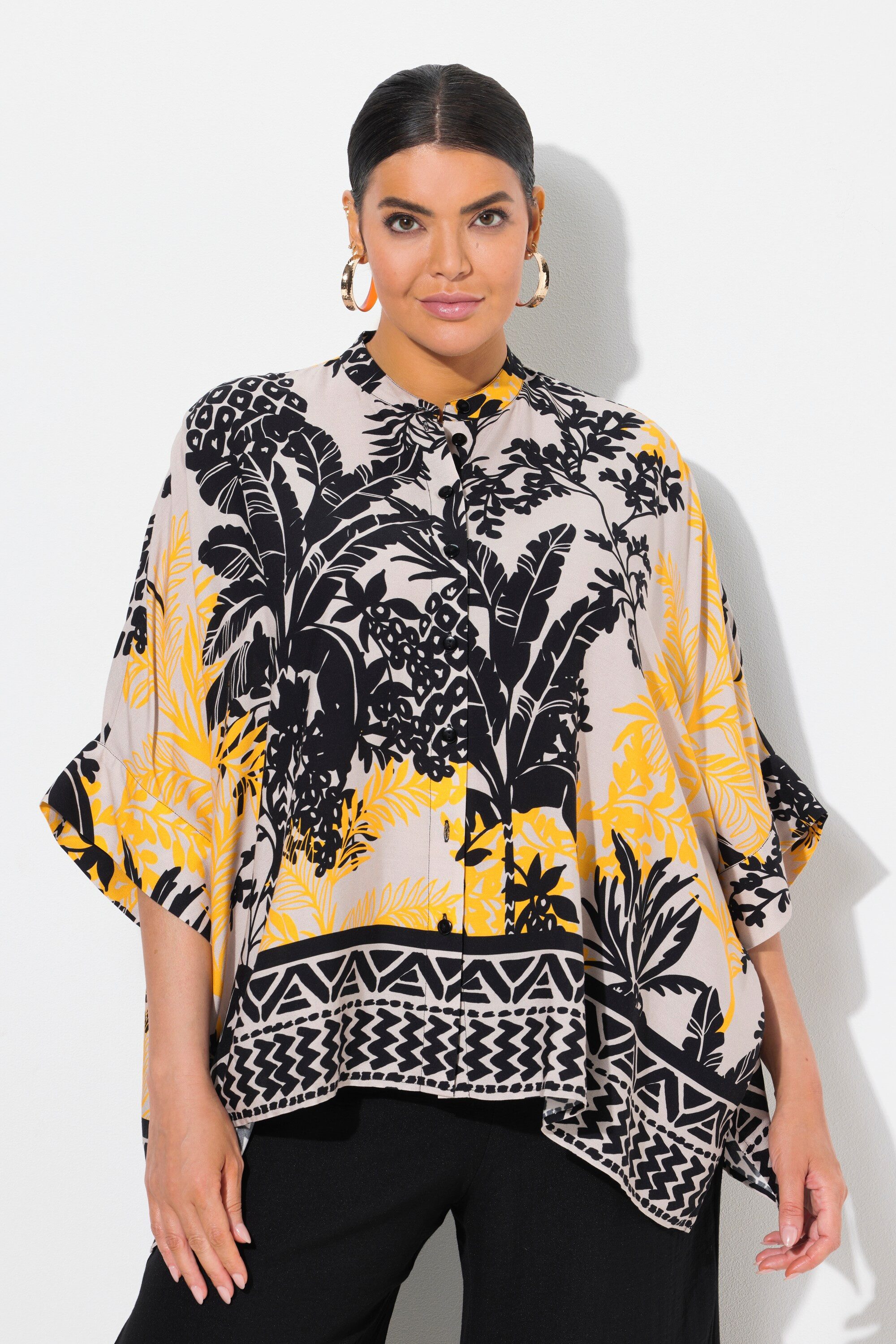 Ulla Popken Hemdbluse Bluse Palmen Oversized Rundhals Halbarm günstig online kaufen