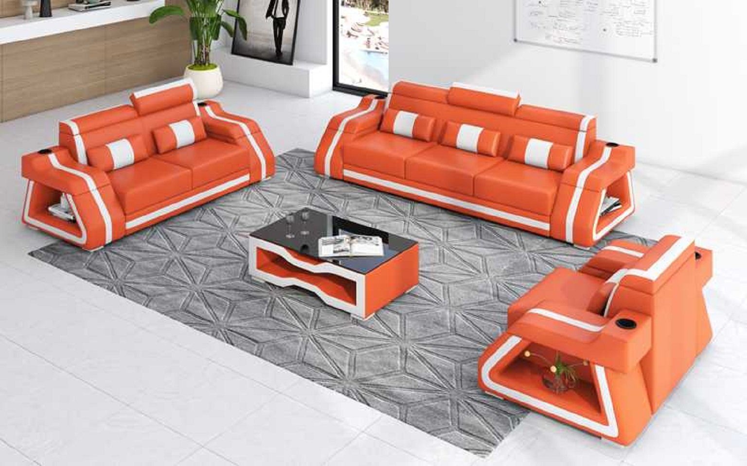 JVmoebel Wohnzimmer-Set Komplette Couchgarnitur Sofagarnitur Sessel Sofa 3tlg Sofas, (3-St., Nur Sofa 2+3 Sitzer + Sessel), Made in Europe Orange