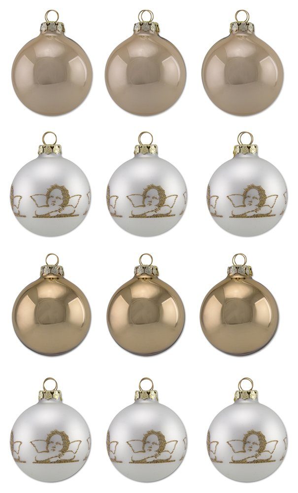 Thüringer Glasdesign Weihnachtsbaumkugel Diamonds mit Glitzer Dekor Engel Raphael - aus Glas Gold Weiß (12 St)