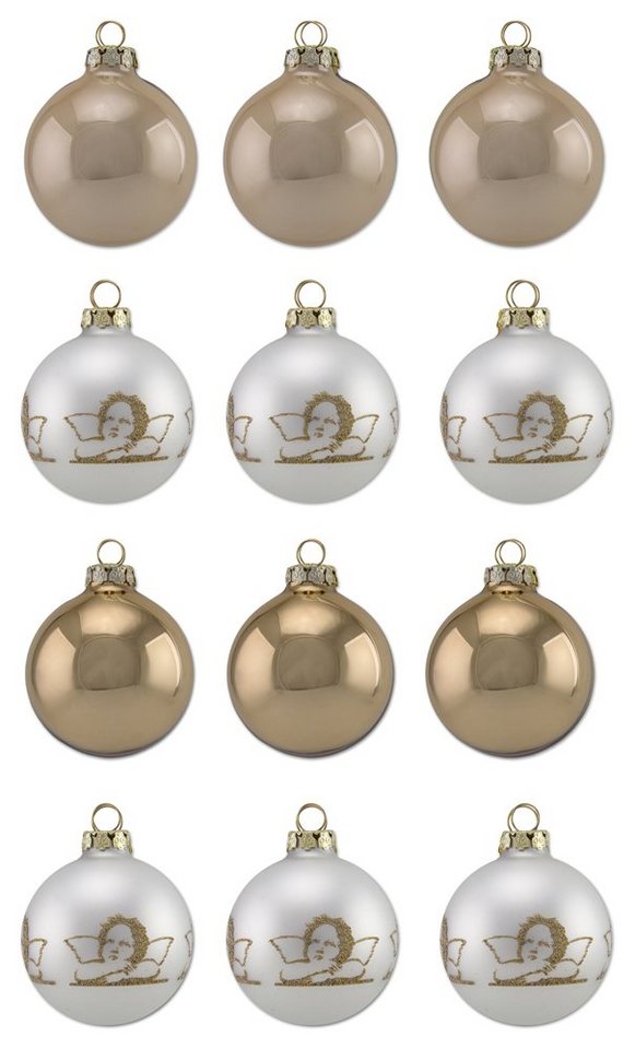 Thüringer Glasdesign Weihnachtsbaumkugel Diamonds mit Glitzer Dekor Engel  Raphael - Christbaumkugeln aus Glas Gold Weiß (12 St)
