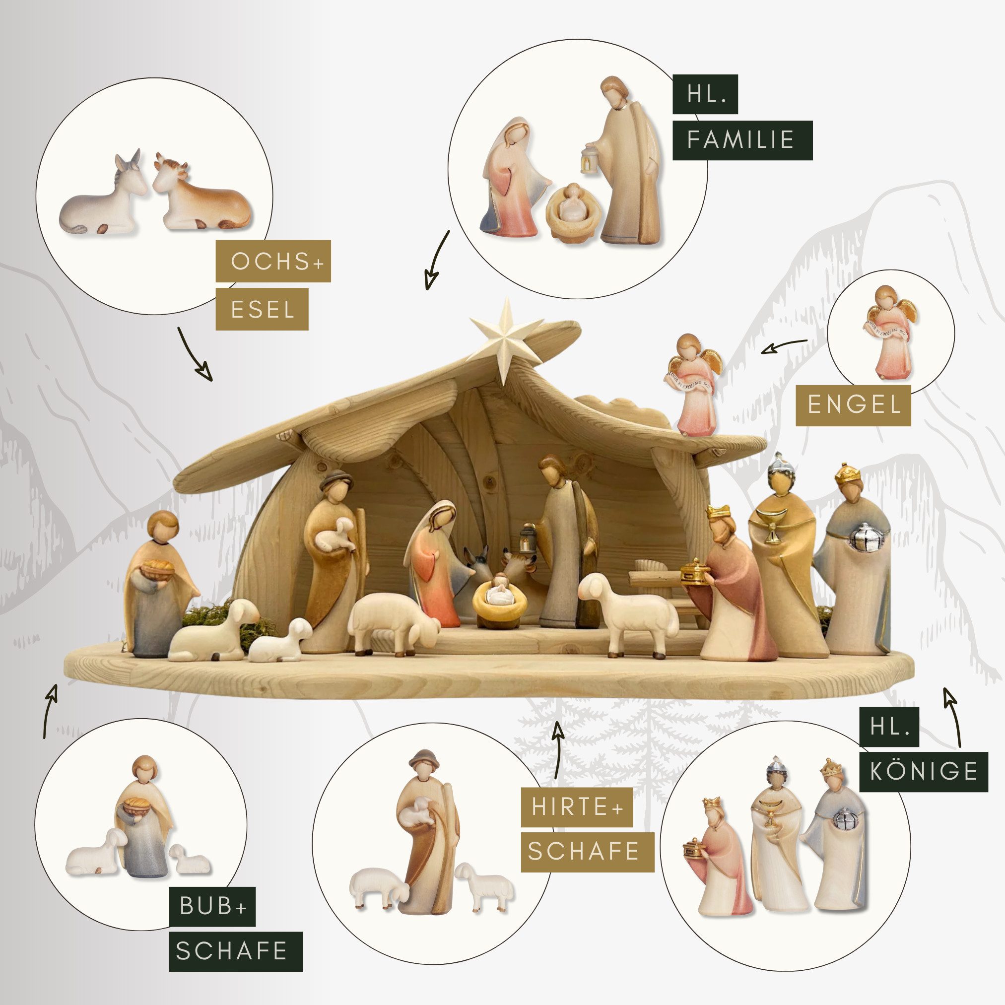 Akantus Krippe Weihnachtskrippe aus Holz: 8-teiliges Set (bemalt) mit Familienstall, holzgeschnitzt, Ahornholz, Made in Südtirol