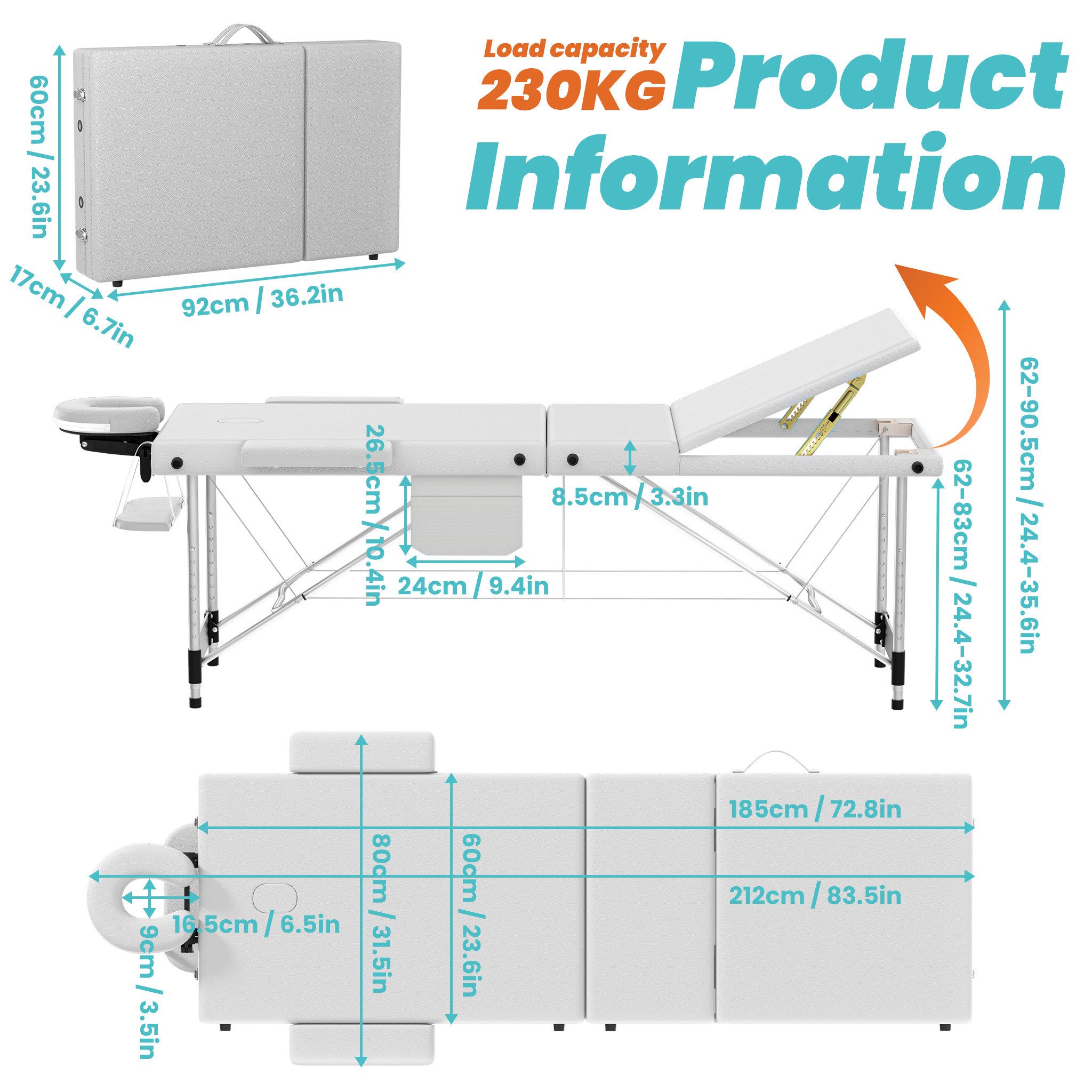 FIVMEN Massageliege Massagetisch Höhenverstellbar Mobile 3 Zonen Massagebett, inkl. Zubehör, Alu-Kopfstütze, Armlehne und Tragetasche, 212x80cm