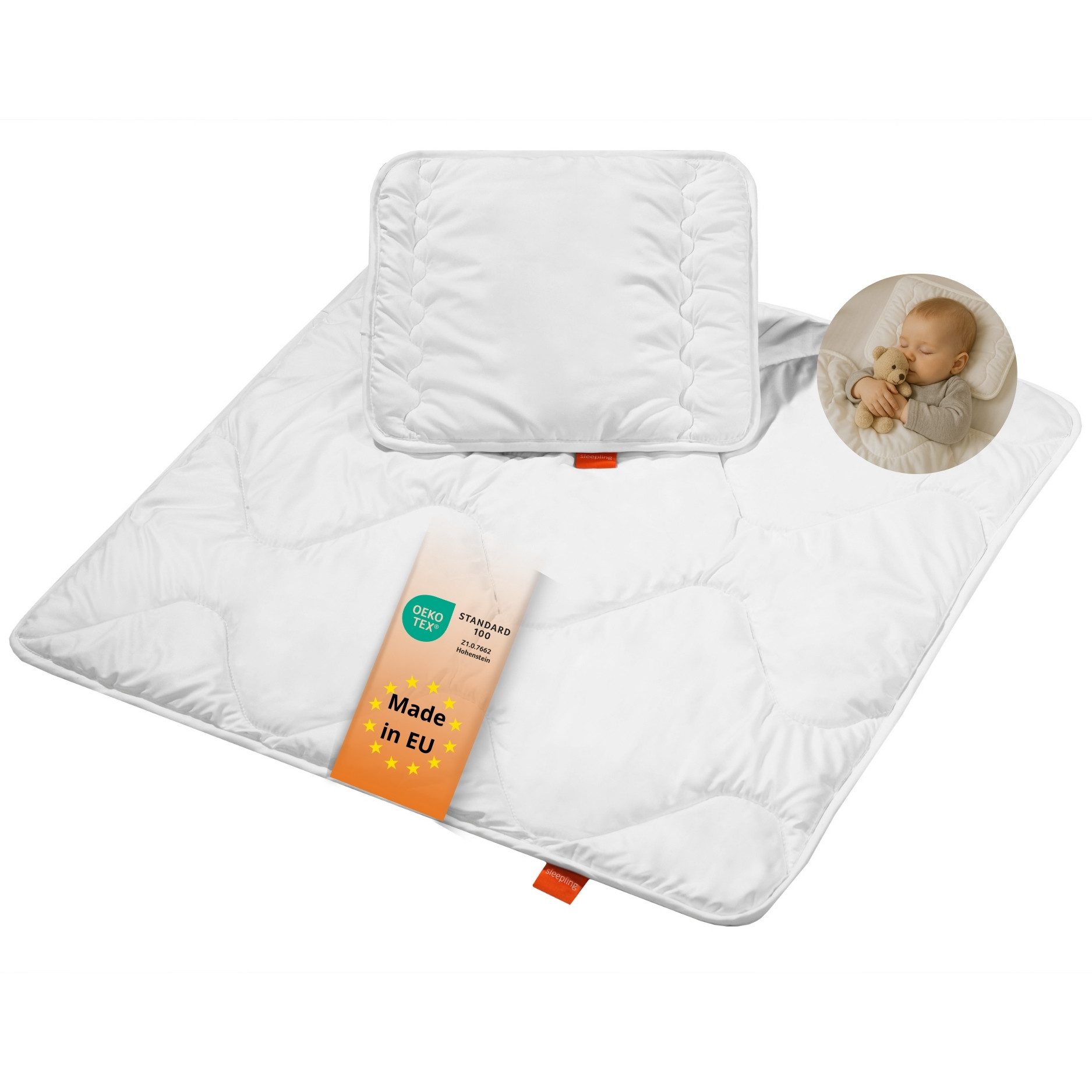 sleepling Kinderbettdecke + Microfaserkissen Babybetten Set, Bettdecke 100 x 135 cm und Kopfkissen 40 x 60 cm, Füllung: Kunstfaser, Bezug: 100% Polyester (Mikrofaser), hergestellt in der EU