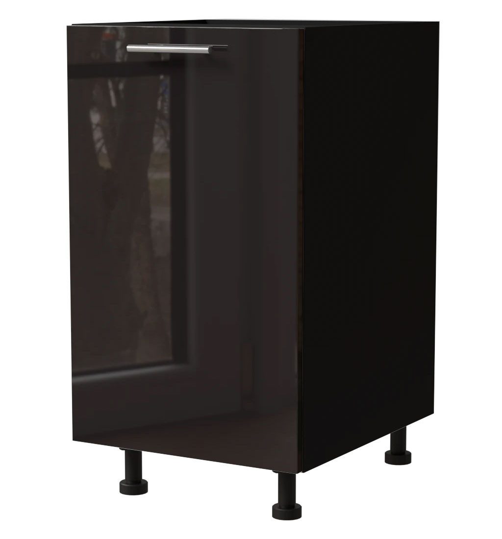 Feldmann-Wohnen Unterschrank Essen (1-türig, 1 Einlegeboden, 1-St., abrieb- / kratzfeste Fronten, chromglänzende Reling Metallgriffe) 45x50x82cm schwarz - schwarz Hochglanz (ES-D1D/45)