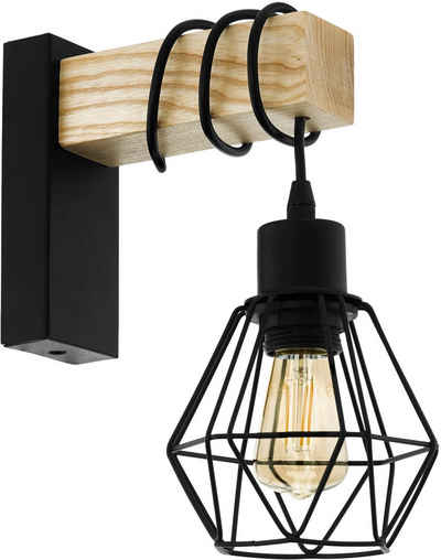 EGLO Wandleuchte »TOWNSHEND 5«, schwarz / L14 x H24,5 x B24 cm / exkl. 1 x E27 (je max. 60W) / Wandlampe - Retro - Vintage - Lampe mit Holz - Schlafzimmerlampe - Nachttischlampe - Bettlampe - Holzleuchte