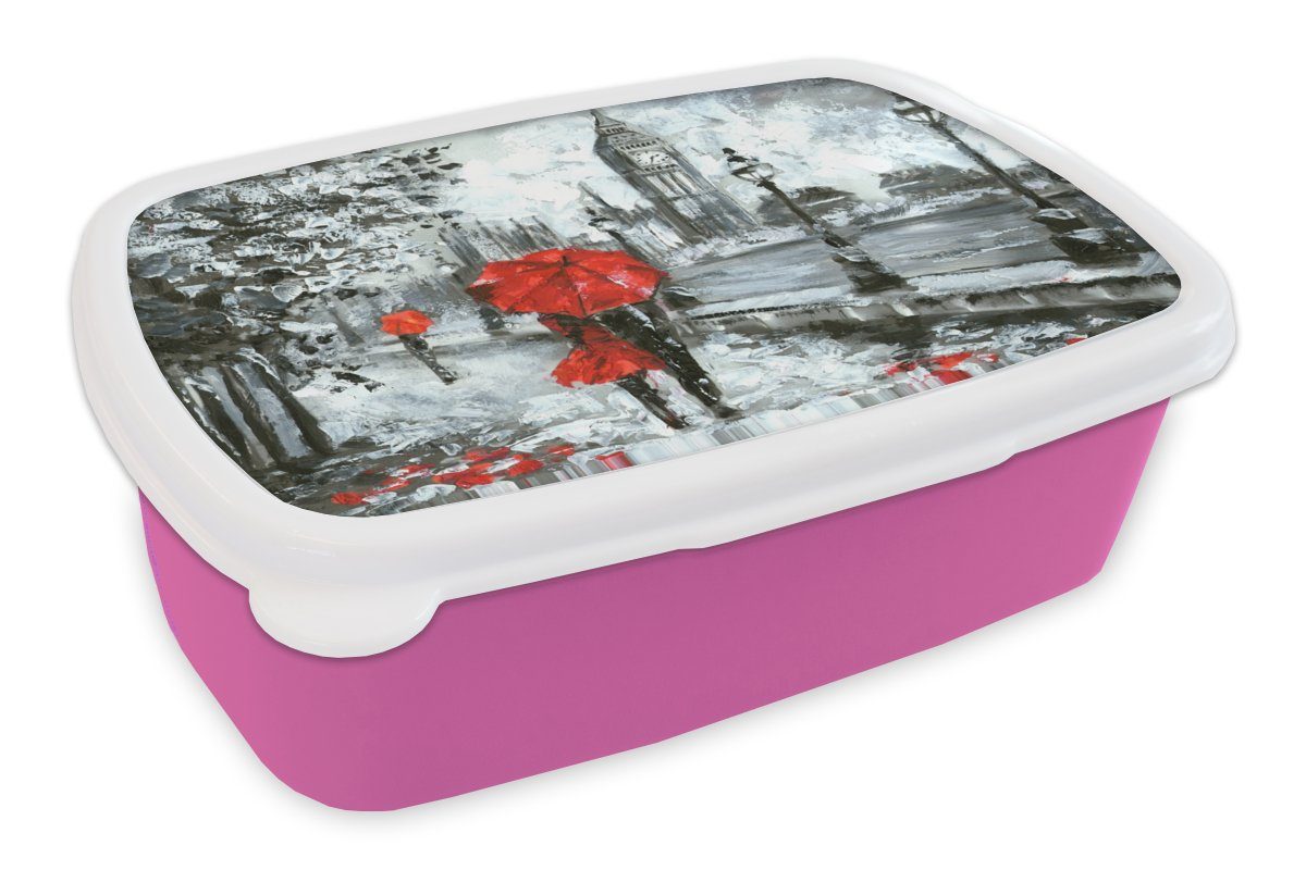 MuchoWow Lunchbox Gemälde - Regenschirm - Öl, Kunststoff, (2-tlg), Brotbox für Erwachsene, Brotdose Kinder, Snackbox, Mädchen, Kunststoff rosa