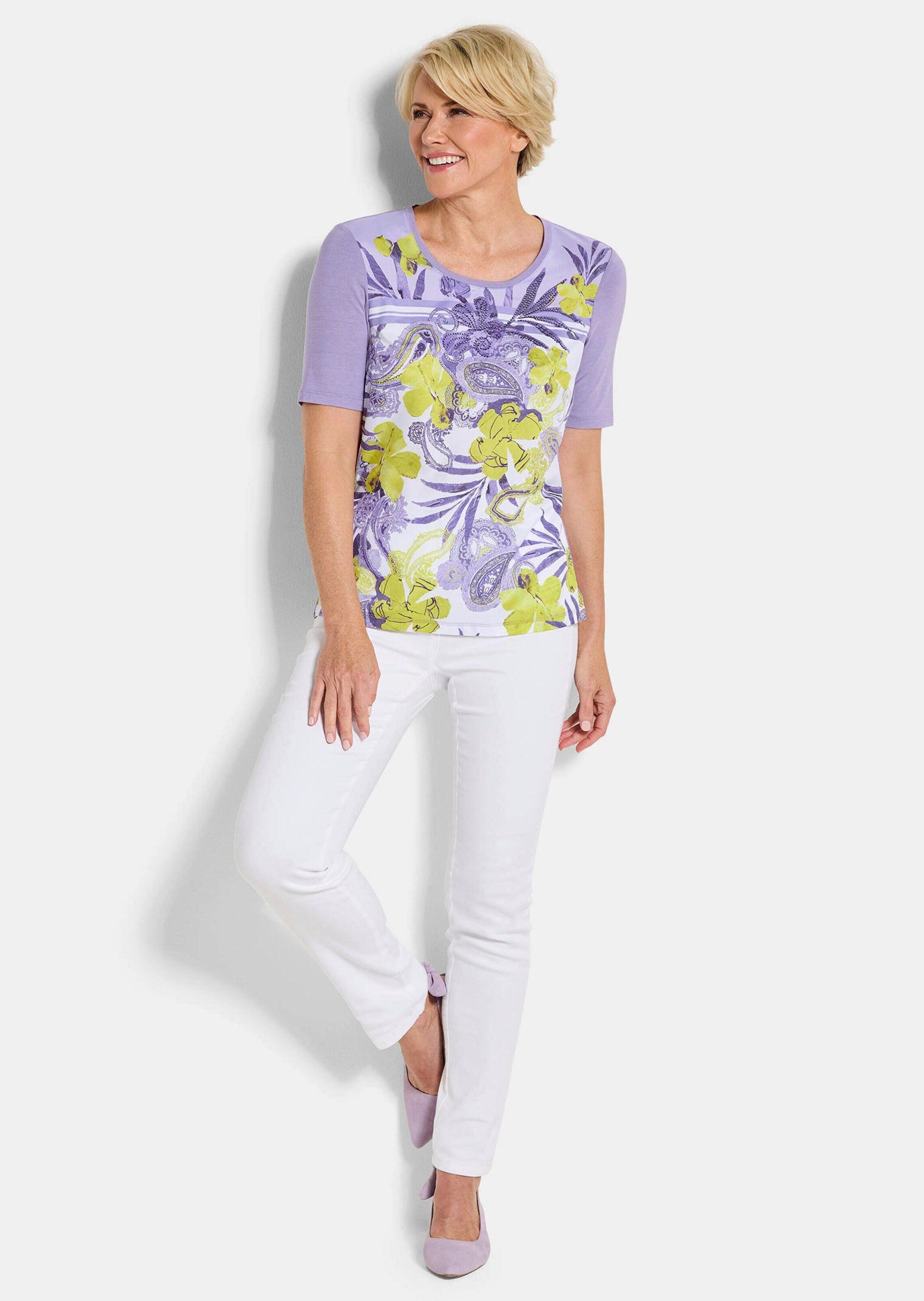 GOLDNER Shirtbluse Kurzgröße: Glanzshirt mit floralem Paisley-Muster Schlupfbluse mit Rundhals, Glitzersteinen und Halbarm