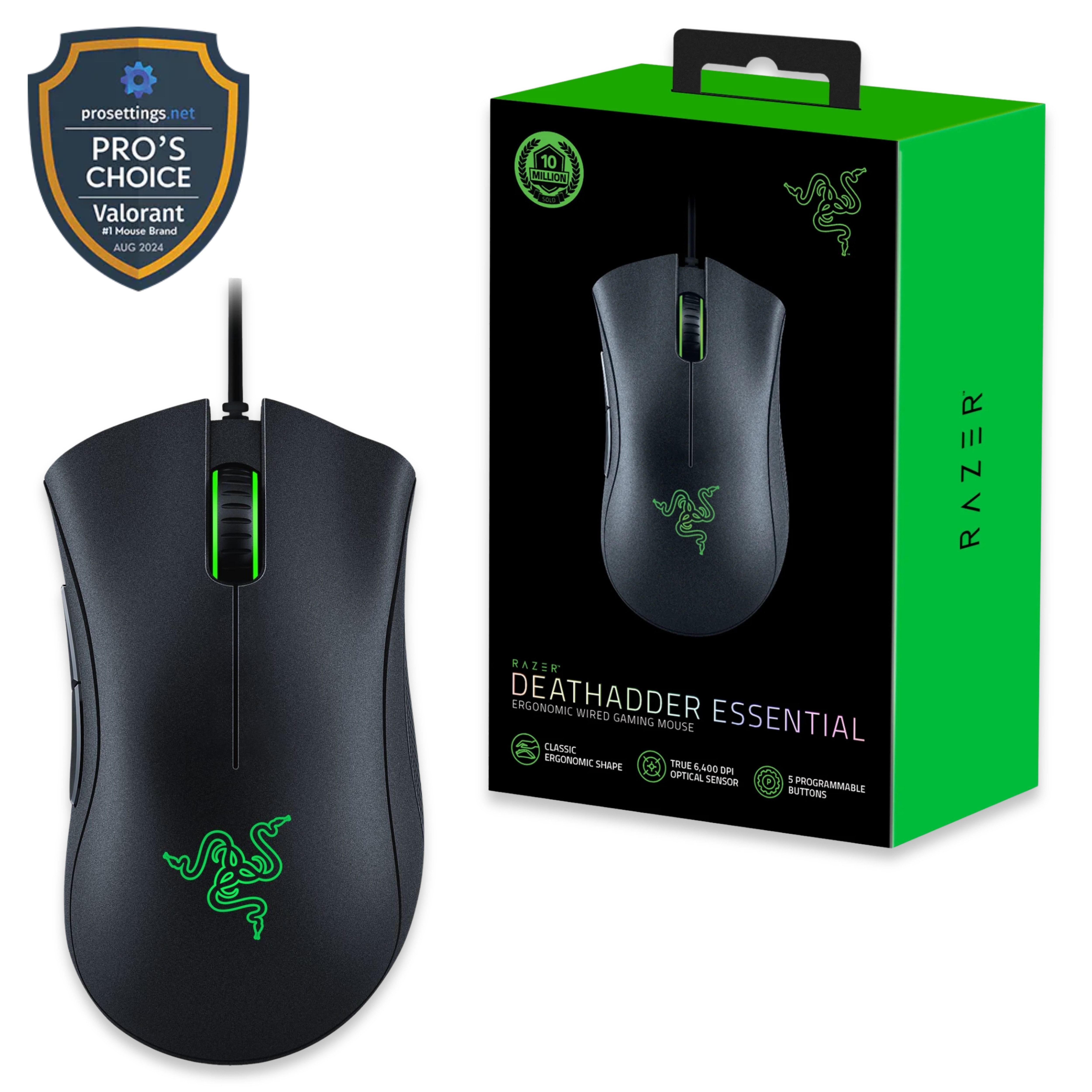 RAZER DeathAdder Essential Gaming Maus Schwarz Grün Gaming-Maus (Kabelgebunden, Ideal für Gaming)
