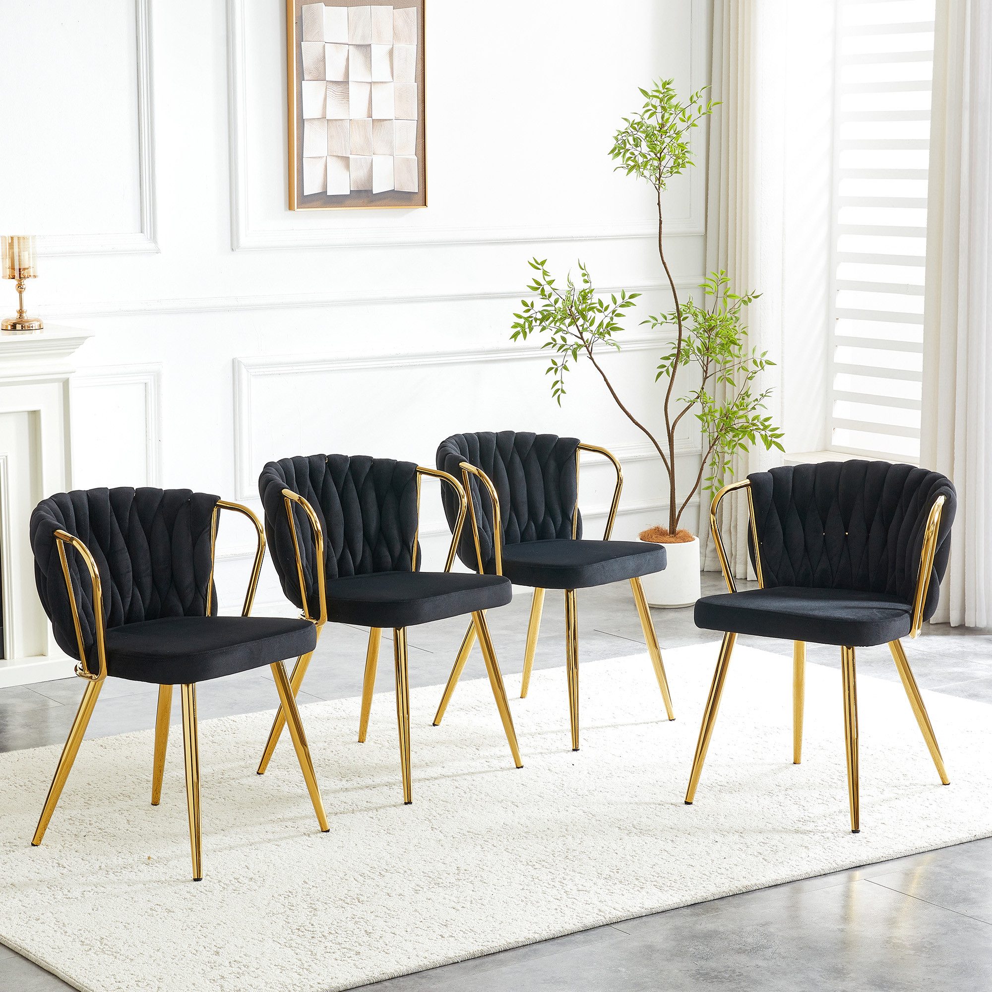 STILVORA Esszimmerstuhl Polsterstuhl Relaxsessel mit Samtbezug und Metallbeinen (Geflochtene Rückenlehne, Goldfinish, Schaumstoffpolster, bequem), für Esszimmer, Büro, Café, Restaurant und Wohnbereich