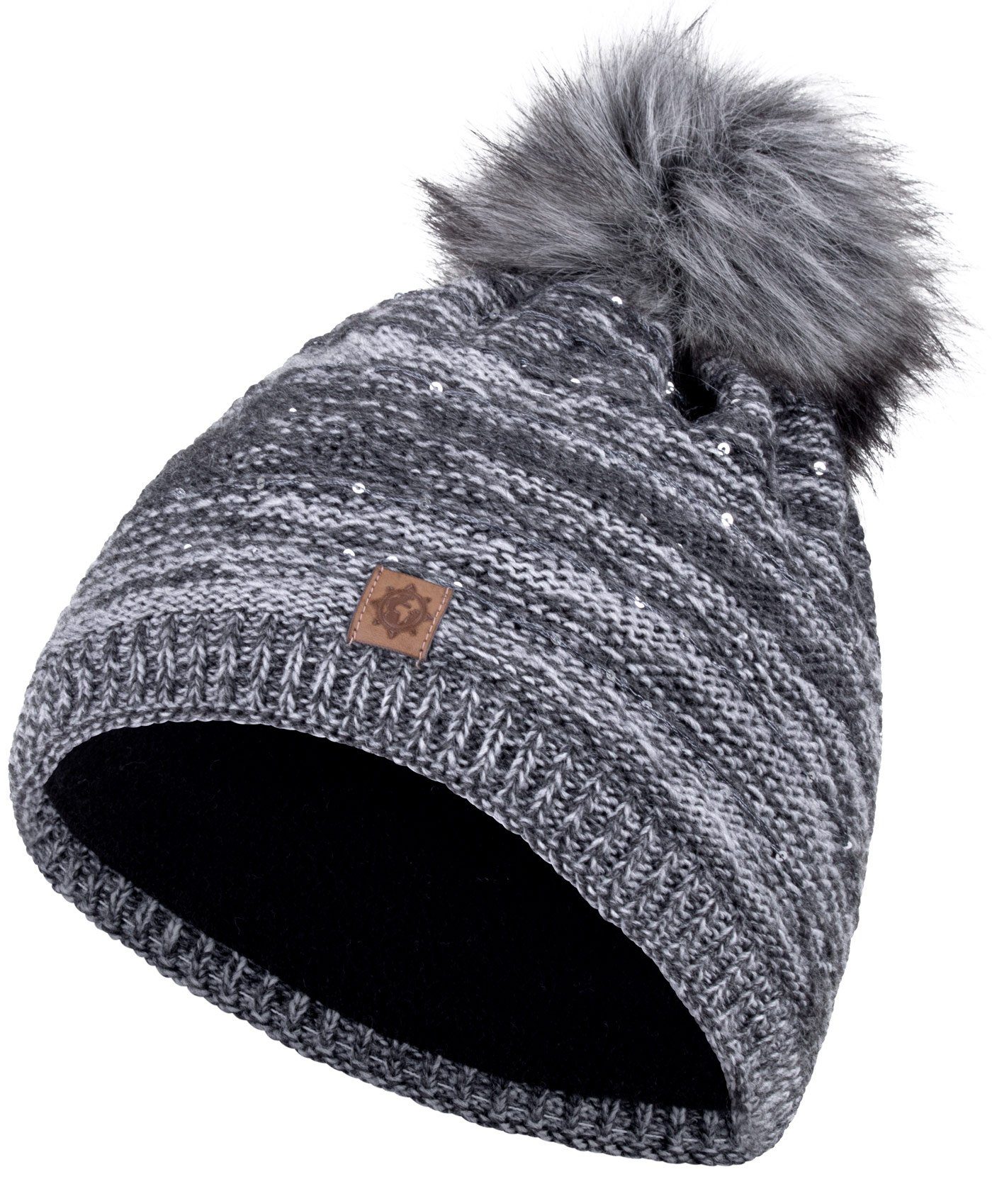 Wintermütze grau Damen Pailetten Strickmütze Damenmütze compagno (1-St) Beanie Bommelmütze