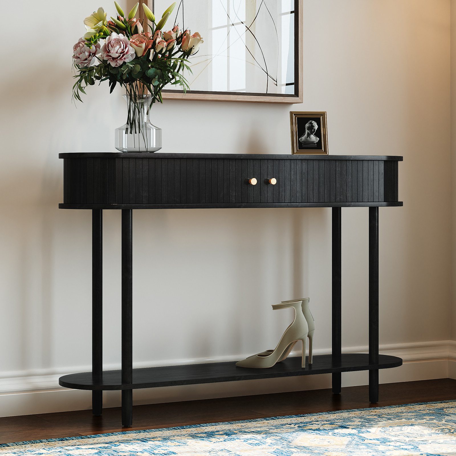 HOLTICO Konsolentisch mit Schiebetüren & Stauraumschrank, Schmaler Sofatisch, Eingangstisch (1-St), Sideboard-Tisch für Wohnzimmer, Flur, Schlafzimmer