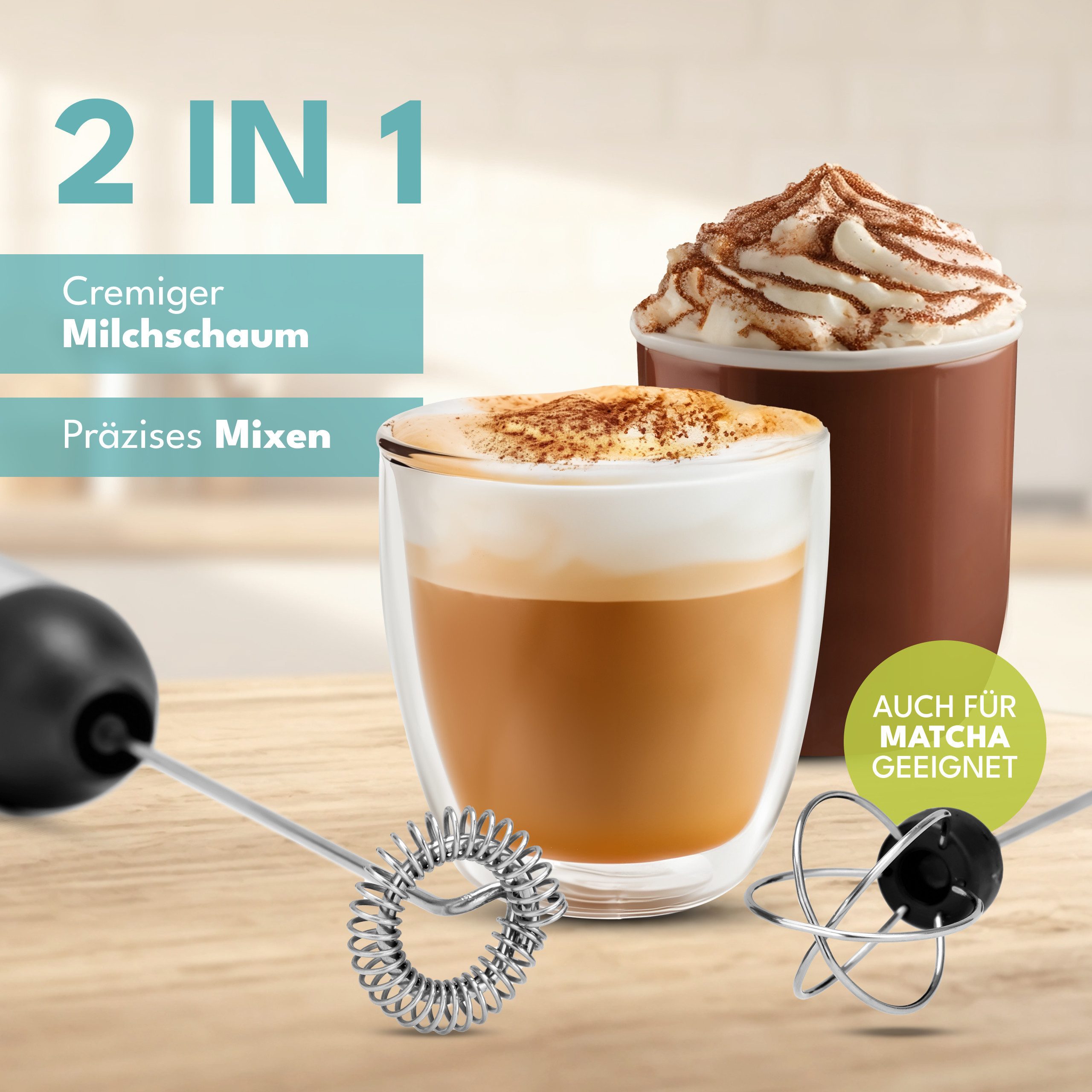 Lebenlang Milchaufschäumer Stab - Elektrisch & Wiederaufladbar - Inkl. Extra Rührbesen, 8 W, 3 Modi - Auch für Sahne, Rührei und Dressings