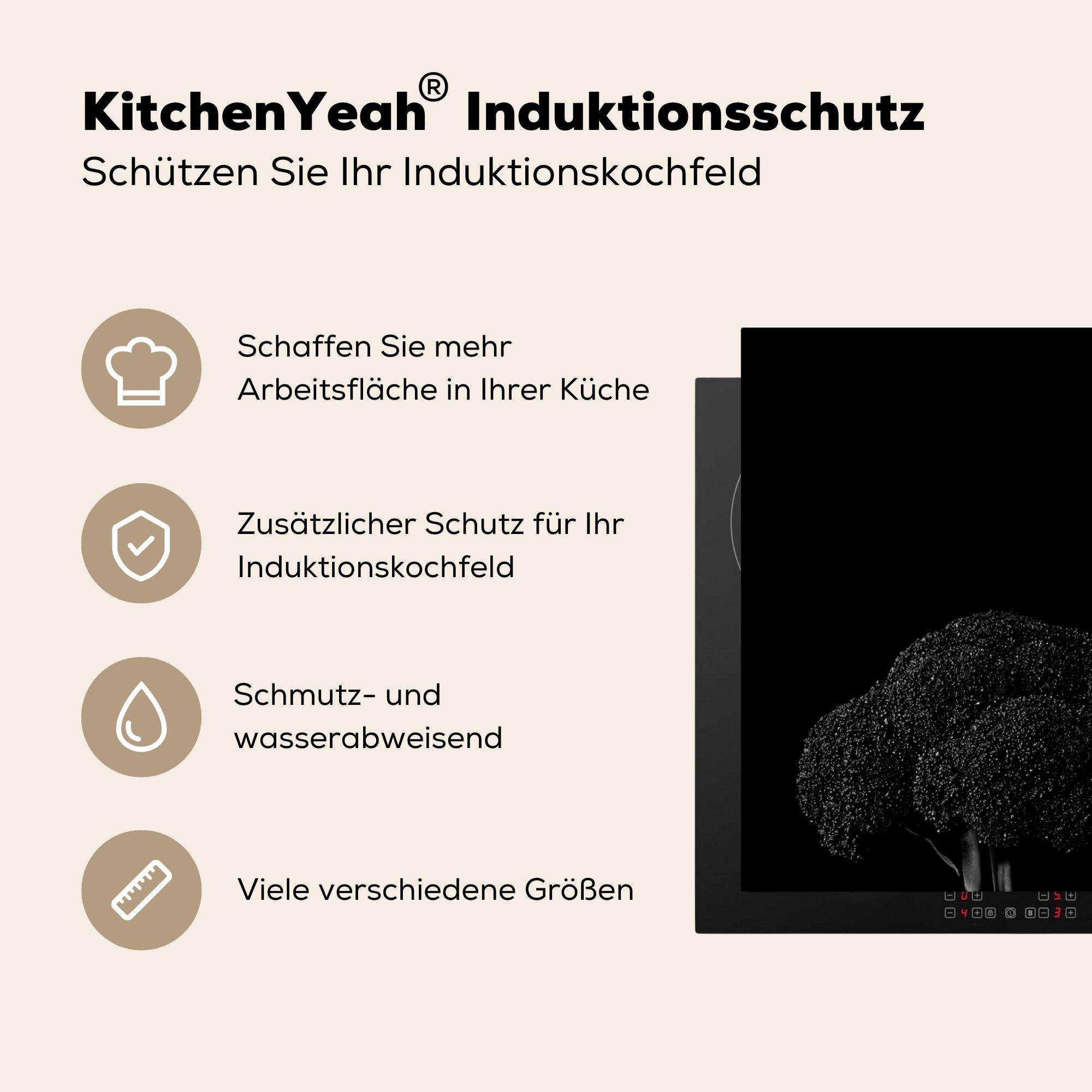 MuchoWow Herdblende-/Abdeckplatte Brokkoli auf 70x52 cm, Vinyl, Schwarz und schwarzem Weiß, Arbeitsfläche tlg), in Mobile nutzbar, (1 Ceranfeldabdeckung Hintergrund