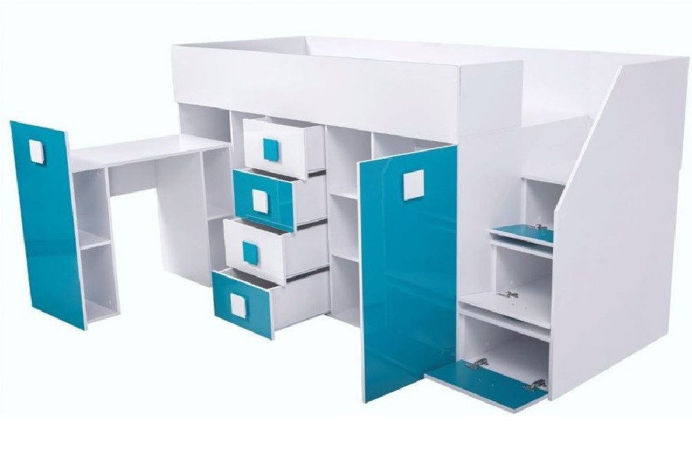 QMM TraumMöbel Hochbett TELLY 3 mit Treppe rechts (Bett, Schrank, Schreibtisch, Schubladen, Regale, Treppe) ausziehbarer Schreibtisch