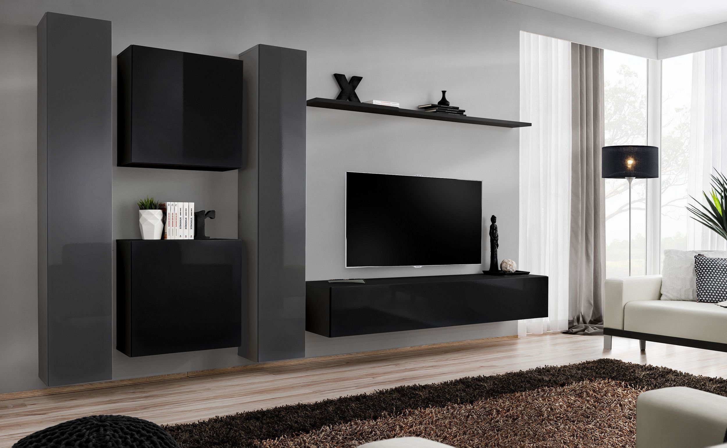 Wohnzimmer-Set, Swotch Stylefy cm, Schwarz Hochglanzfronten, (Wohnmöbel, - aus 180x330x40 bestehend Wohnwand Push-to-Open, VI mit 4xHängeschrank, Modern Graphit (6-St), 1xWandboard, Set 1xLowboard,