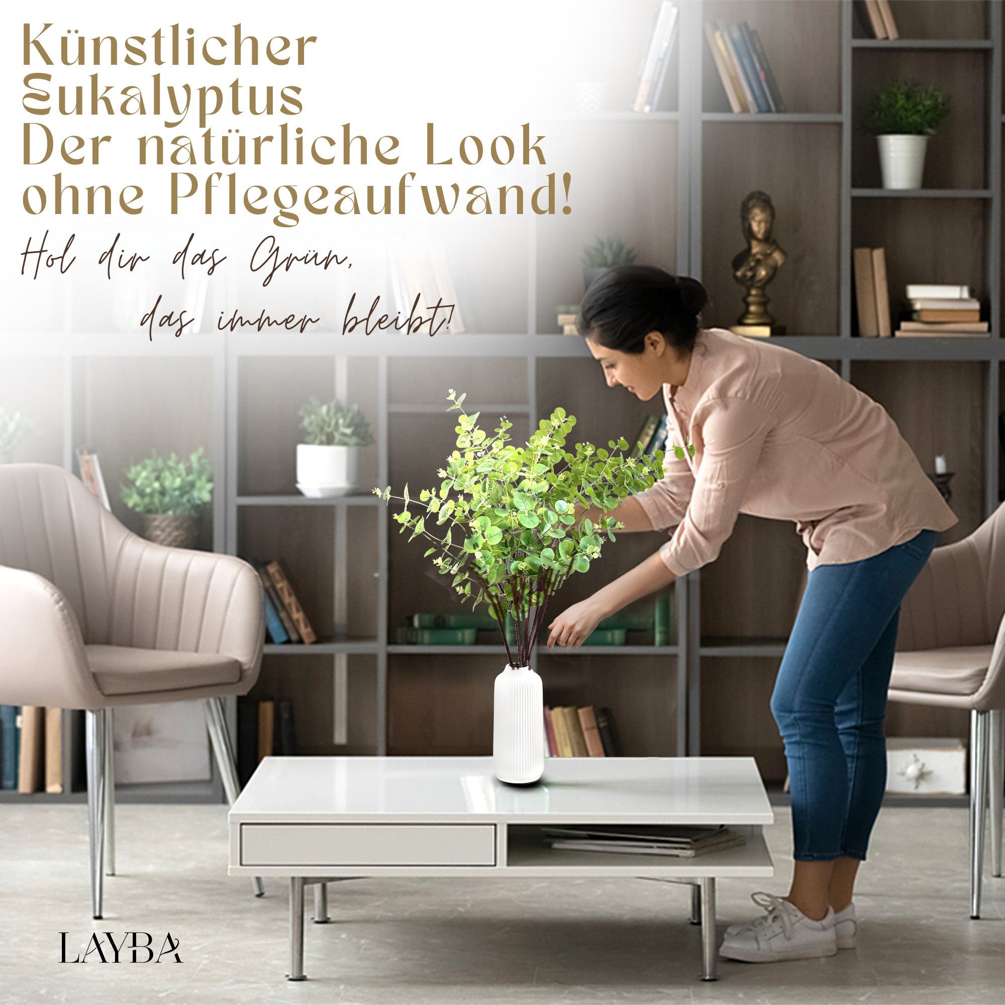 Kunstpflanze Künstlicher Eukalyptus 85 cm Dekorative Eukalyptus Kunstzweige 3er set Eukalyptus (künstlich), Layba, 3er Set