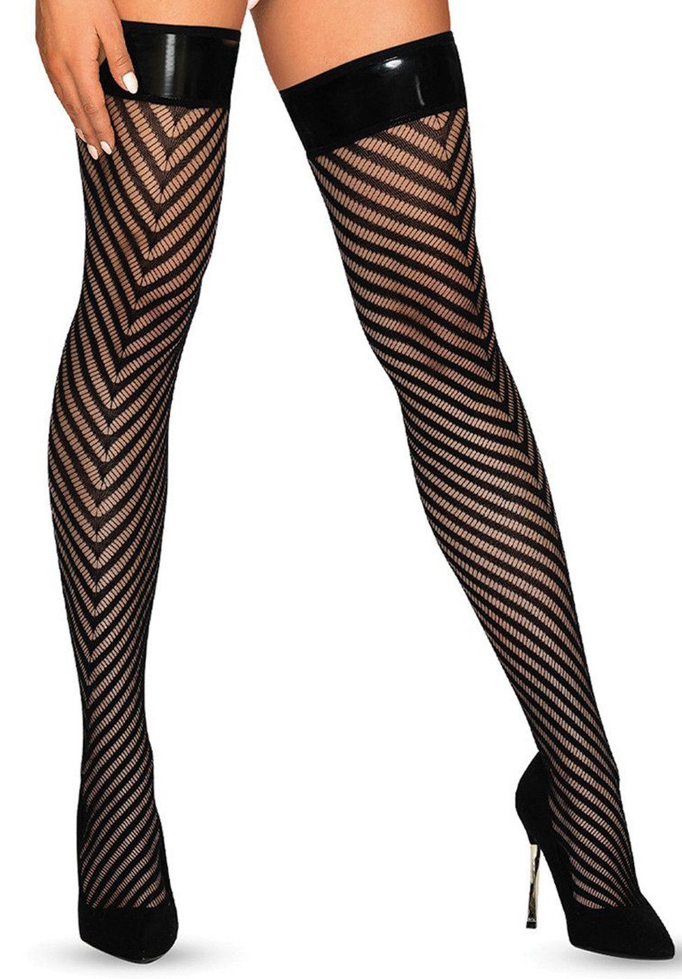 Obsessive Strapsstrümpfe Straps-Strümpfe mit Lack-Bund - schwarz (1-Paar) Netz-Strümpfe