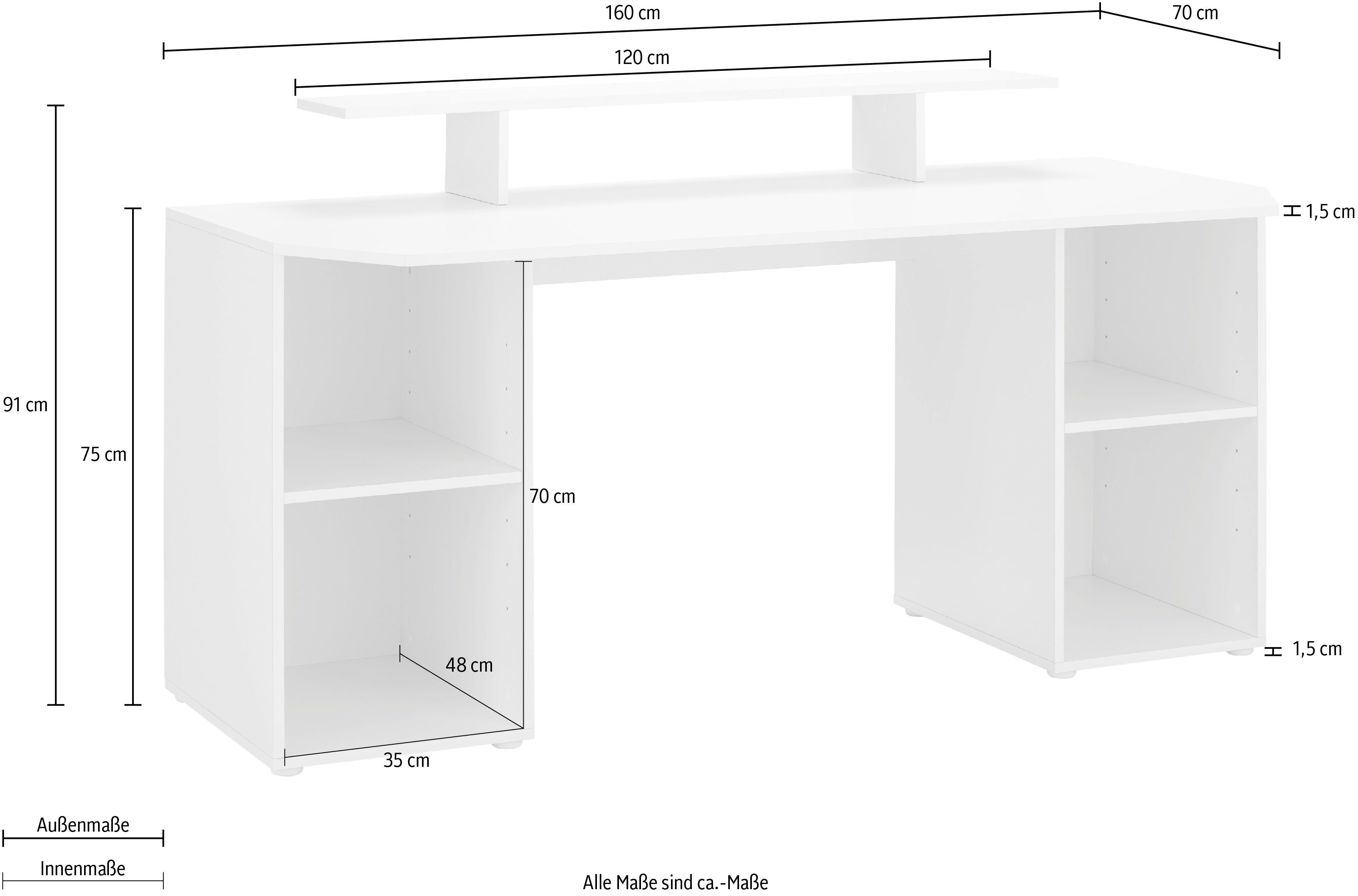 160 cm, Breite Gamingtisch Weiß Möbel | borchardt Weiß viel mit Stauraum Schreibtisch Tippy,