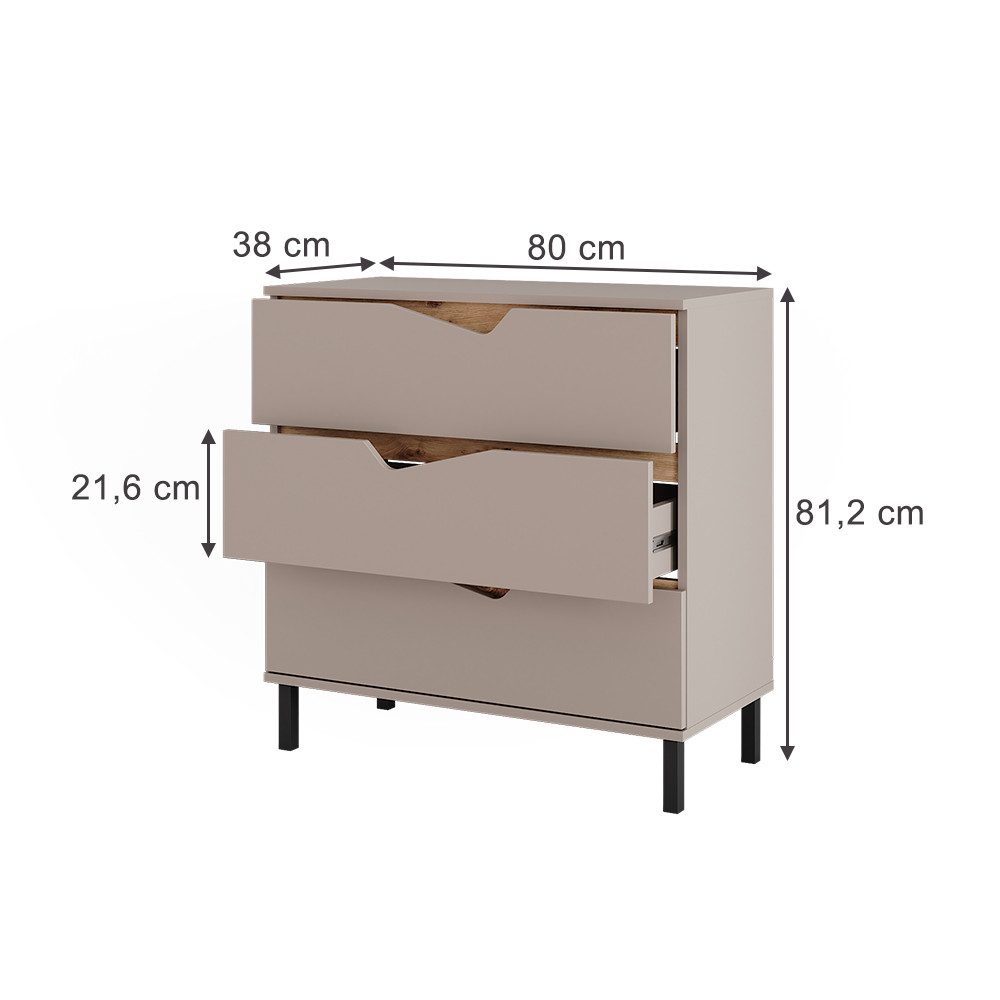 Vicco Kommode Marelle, Greige/Artisan/Artisan, 80 x 81.2 cm mit 3 Schubladen (1 St)