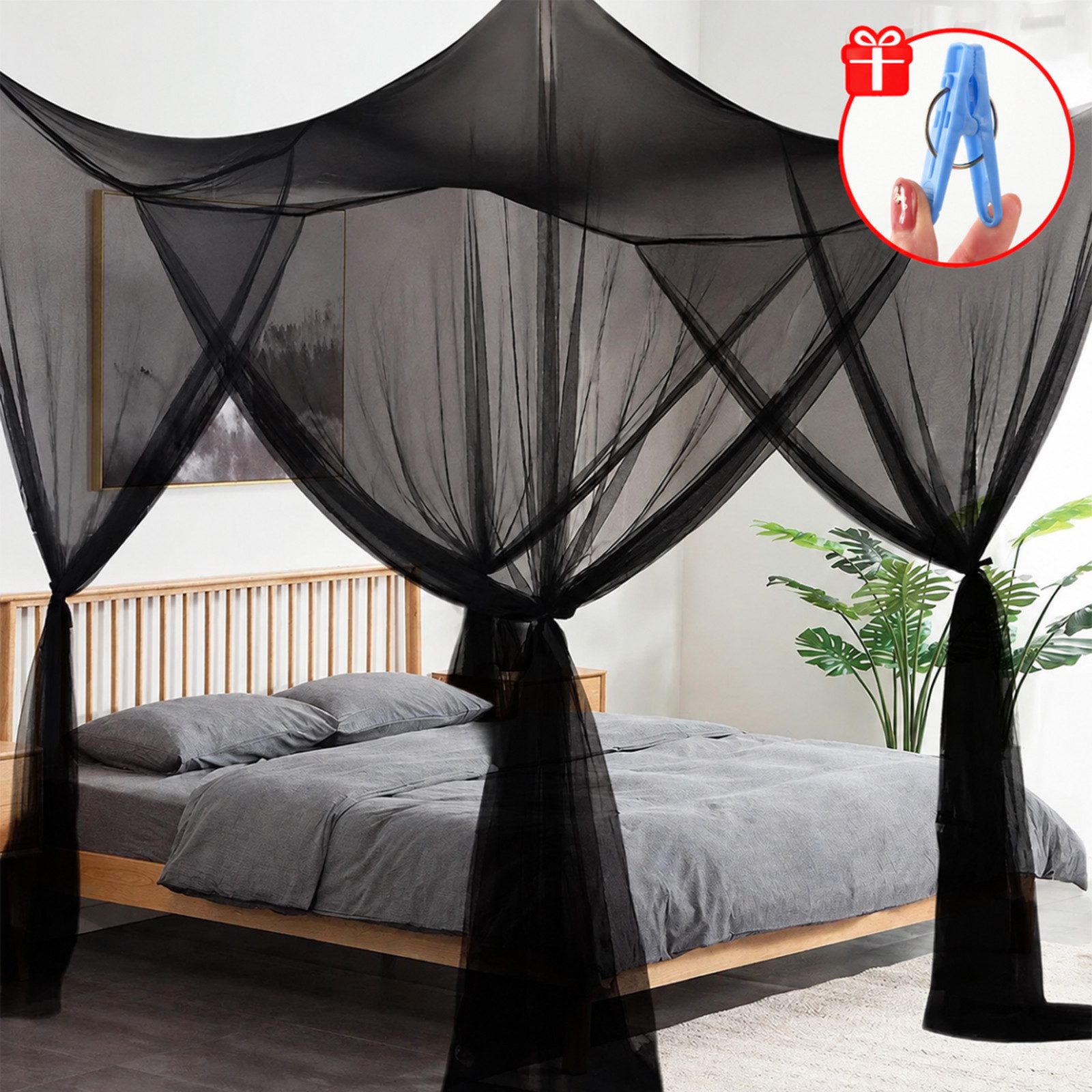 MOPUEA Moskitonetz Moskitonetz Bett In&Outdoor Fliegennetz Vier Türen für Balkon Camping (Moskitonetz / Bett Baldachin Insektenschutz, Quadratisches 4-Ecken Moskitonetz für 190×210cm Bett), Ultrafein, atmungsaktiv, 4-Ecken Design, inkl. Clips, 190×210