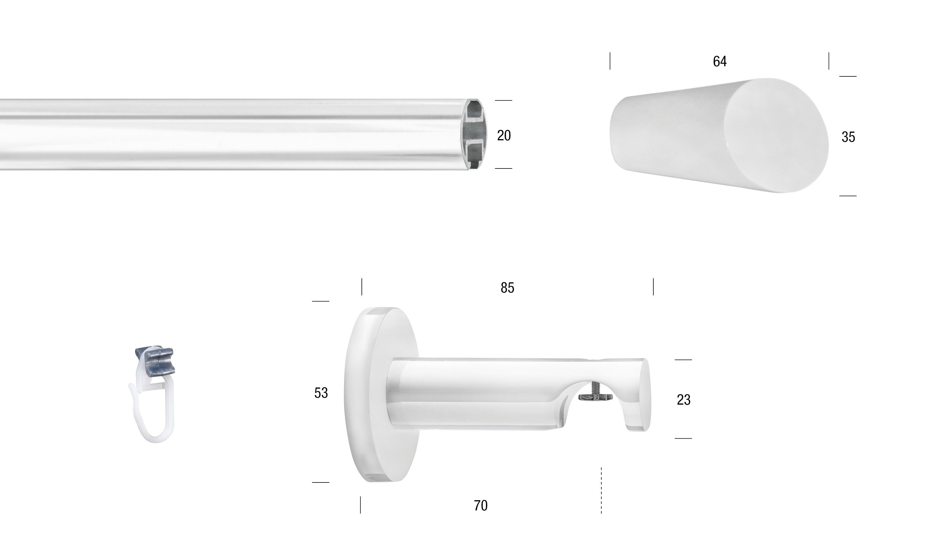 Gardinenstange WHITE, GARESA, Ø 20 mm, 1-läufig, Wunschmaßlänge,  verschraubt, Eisen, Vorhanggarnitur, Innenlauf, verlängerbar, Endknopf  abgeschrägt