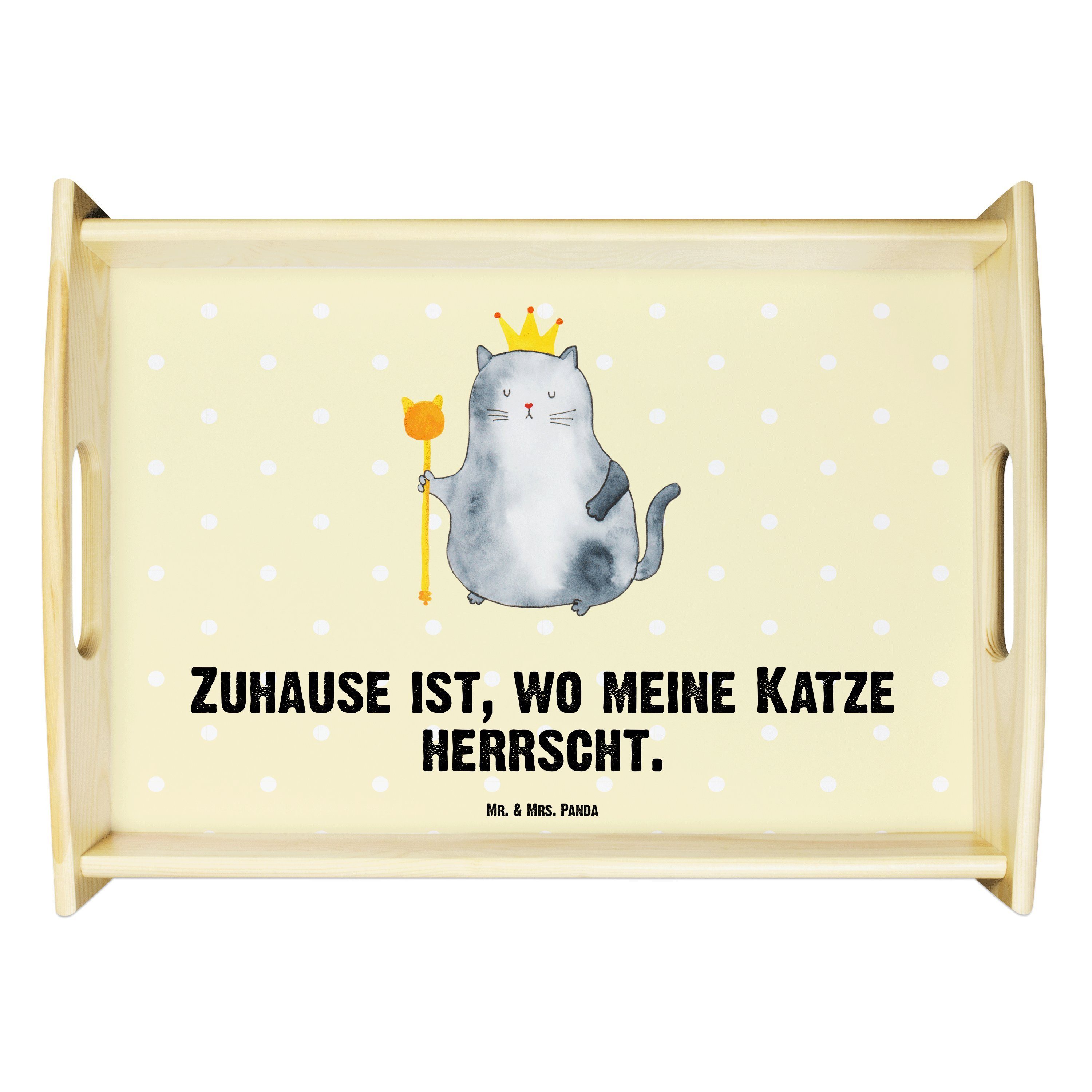 Mr. & Mrs. Panda Tablett Katzen Koenig - Gelb Pastell - Geschenk, Frühstückstablett, Katzenlie, Echtholz lasiert, (1-tlg) | Tabletts