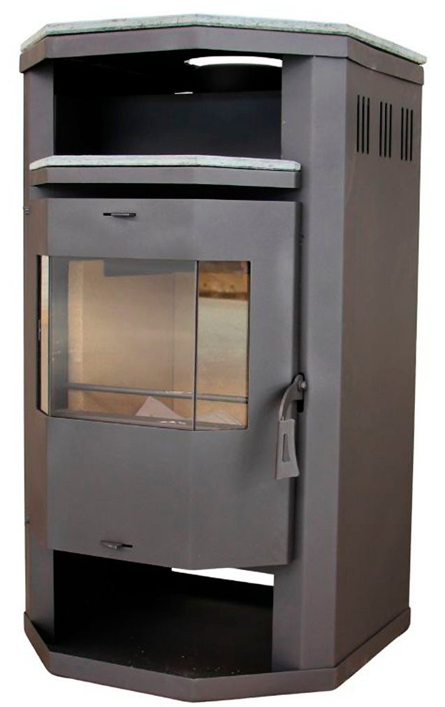 Kaminofen Prismo Top und Teefach Platte, 6,4 kW, Zeitbrand, Stein Top und Teefach-Platte