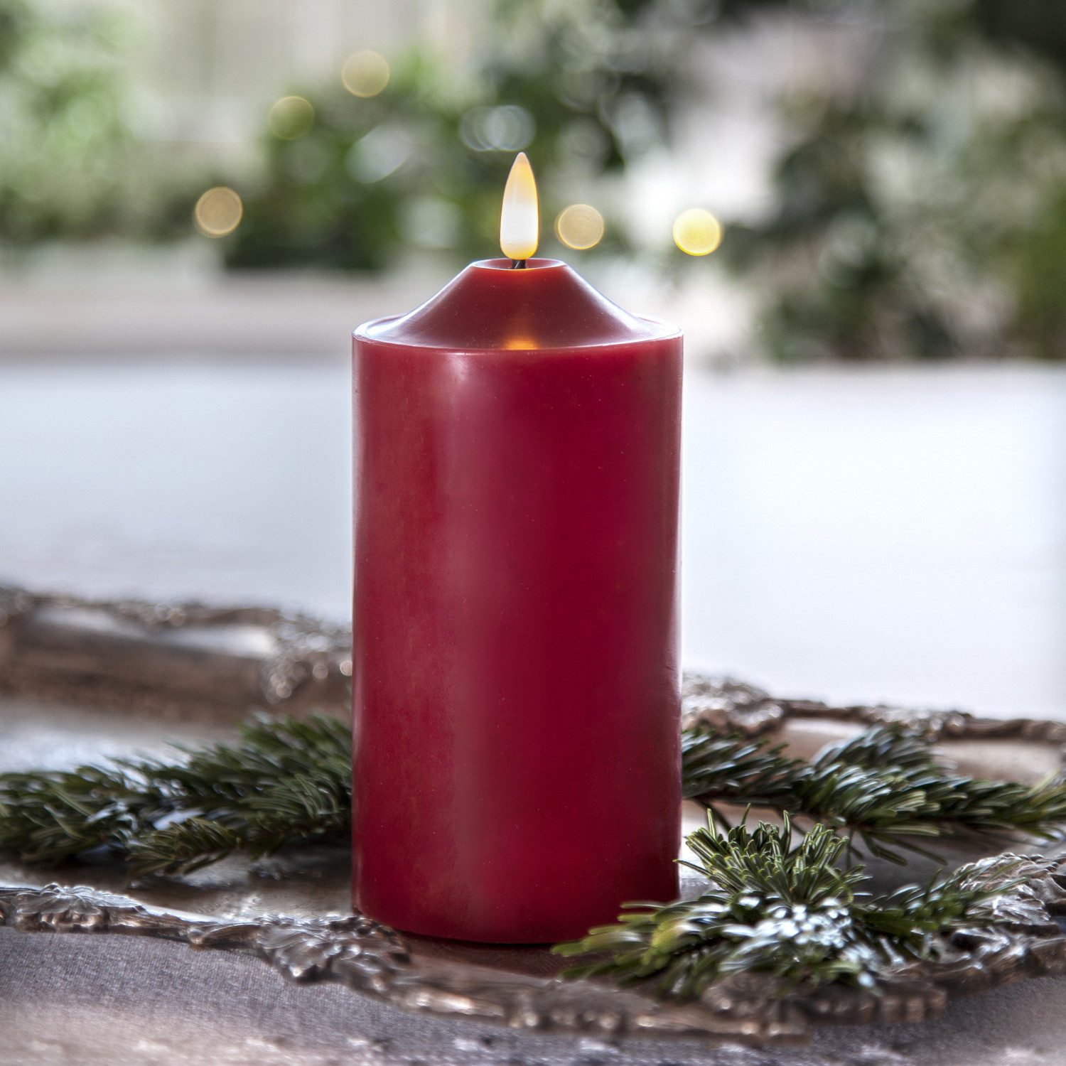 MARELIDA LED-Kerze Stumpenkerze Echtwachs 3D Flamme H: 17cm, D: 7,5cm Batterie Timer rot, LED Classic, warmweiß (2100K bis 3000K) – Bild 4 von 5