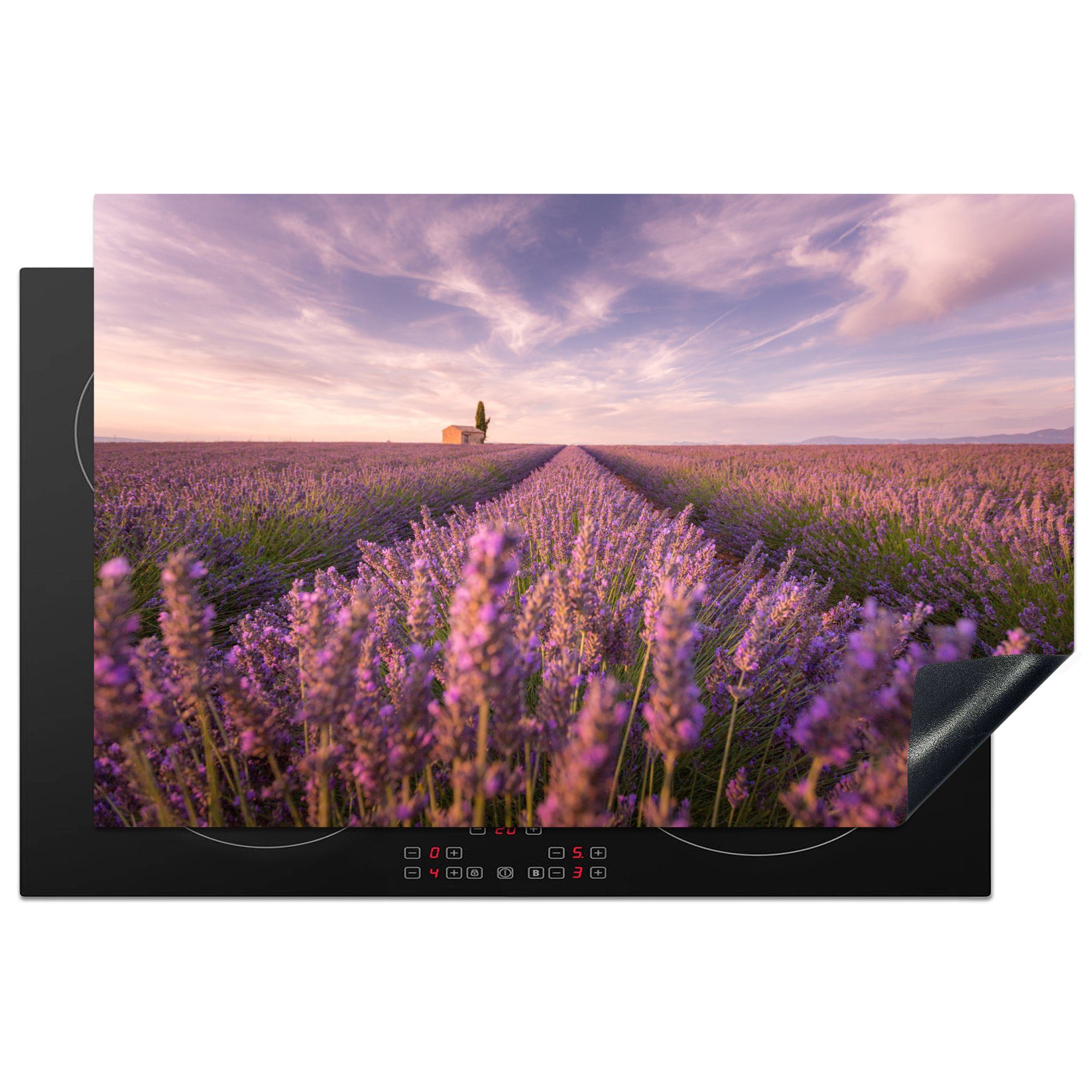 MuchoWow Herdblende-/Abdeckplatte Lavendelfeld mit Sonnenuntergang in der Provence, Vinyl, (1 tlg), 81x52 cm, Induktionskochfeld Schutz für die küche, Ceranfeldabdeckung