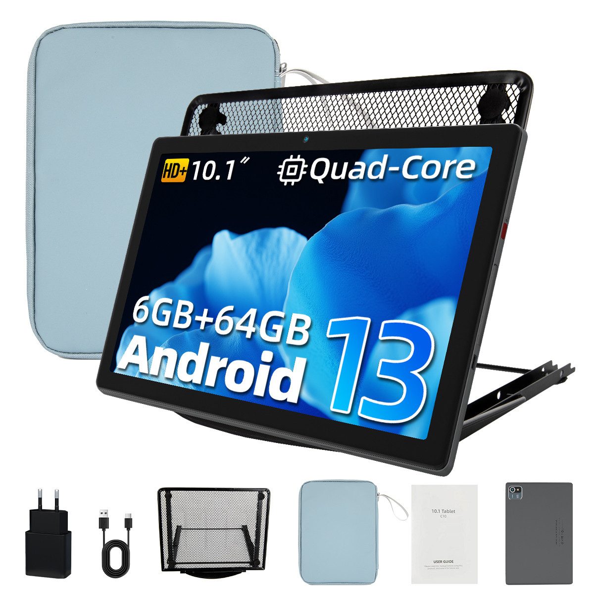 Happybe Android 13 10 Zoll 6GB RAM + 64GB ROM 1TB Expandable HD-Touchscreen Tablet (10", 64 GB, Android, WiFi, Android 13 mit Google-Diensten, Tasche und Kühlständer)