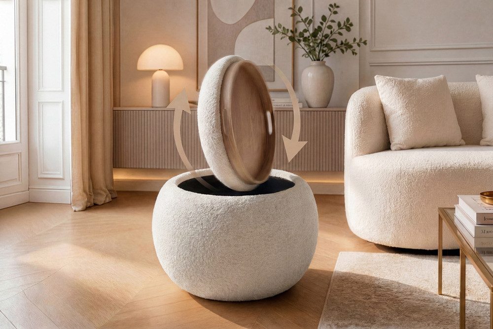 riess-ambiente Couchtisch ORBIT 50cm beige - Bouclé, mit Tablett & Stauraum, Schaumstoff, rund (Einzelartikel), Scandi Beistelltisch - ideal für Wohn- und Esszimmer oder TV-Ecke