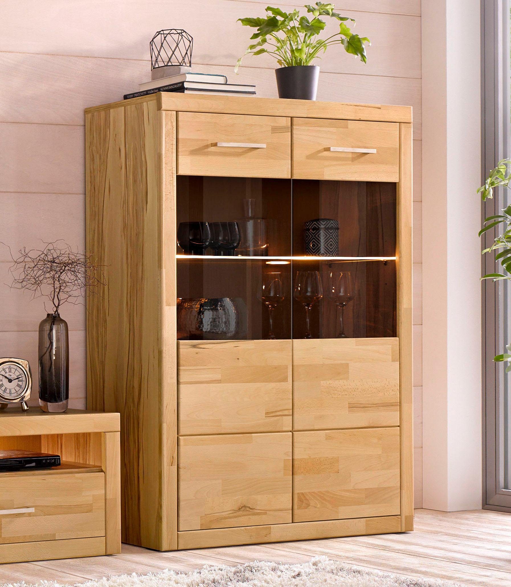 OTTO home Vitrine Ribe, 125 cm hoch, Fronten Massivholz, 4 breite Fächer Ko günstig online kaufen