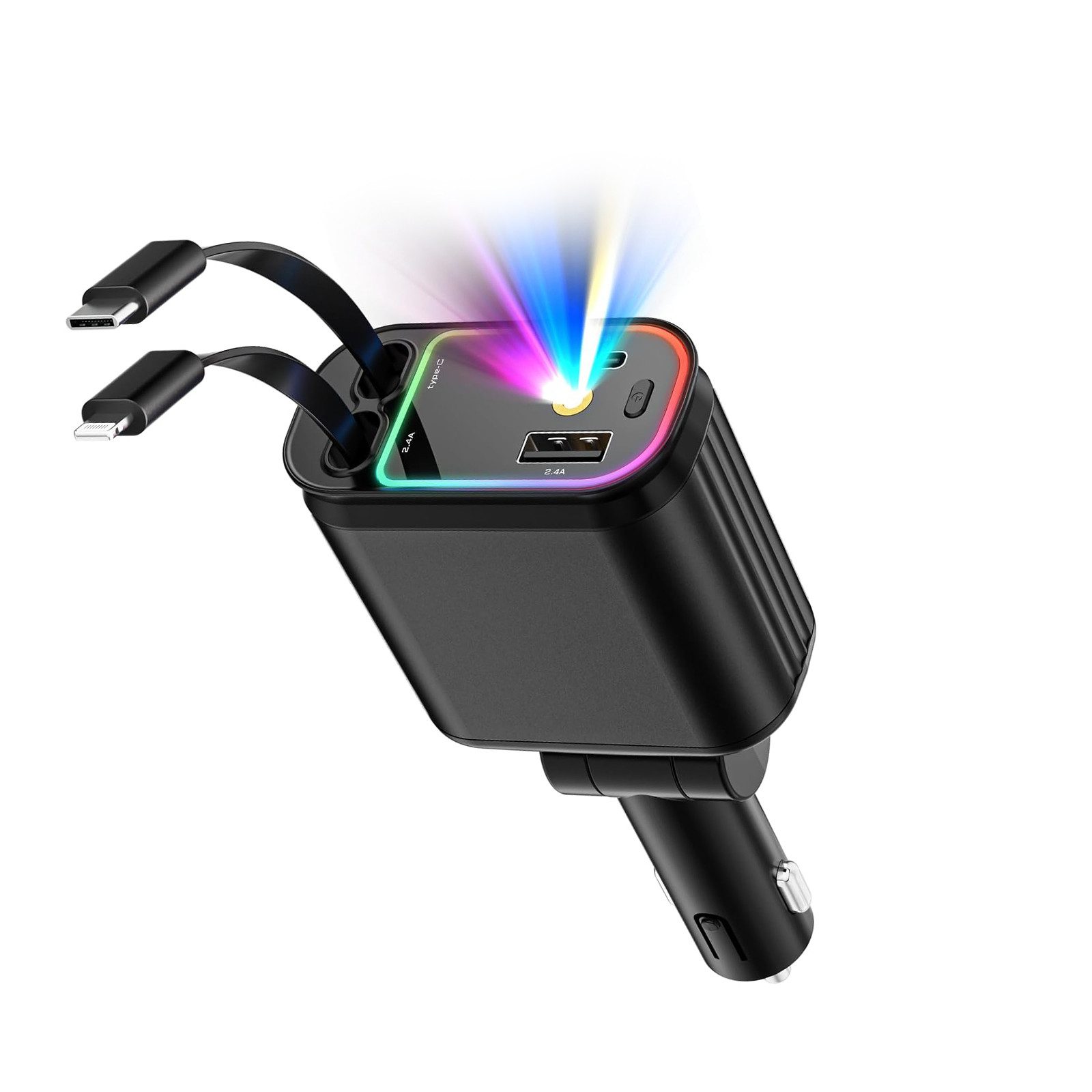 REDOM 4-in-1 KFZ-Ladegerät Schnellladegerät LED Lichtprojektion Auto-Stecker Auto-Adapter zu USB Typ A, 80 cm, Geeignet für Fahrzeuge mit einer Betriebsspannung von 12 V bis 24 V