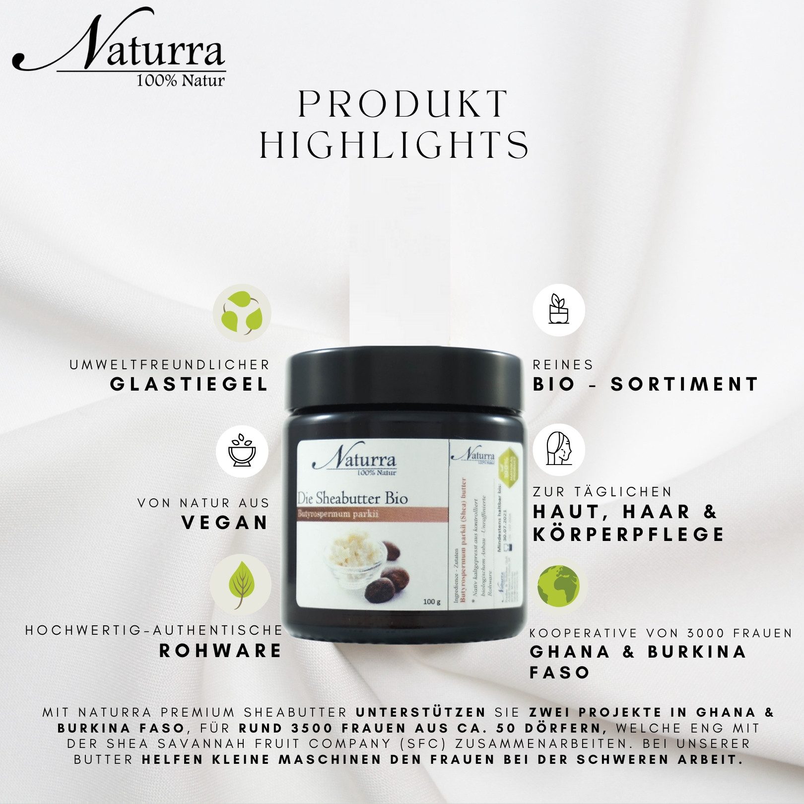 Naturra Körperbutter Bio Sheabutter nativ – unraffiniert, naturrein & ohne Zusätze im Glas, Premium-Rohware für Naturkosmetik, natürlich vegan, pur ohne Zusätze