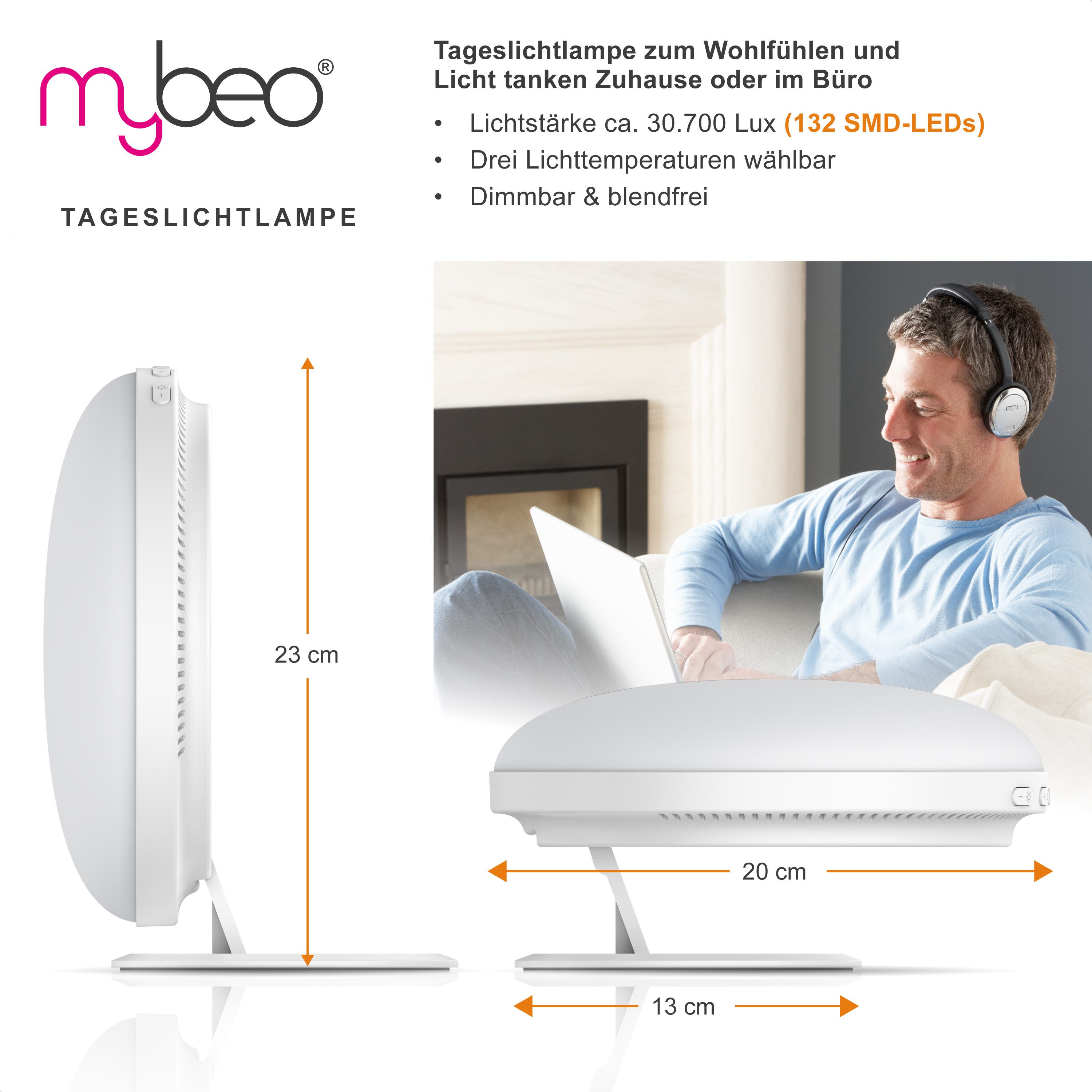 MyBeo Tageslichtlampe LED Lichttherapielampe, Tageslichtleuchte mit Standfuß, Lichtdusche, Dimmfunktion, verschiedene Lichtmodi, LED fest integriert, Kaltweiß, Neutralweiß, Tageslichtweiß, Simuliert Tageslicht, dimmbar, 3 Lichtmodi, flimmerfrei, UV-frei