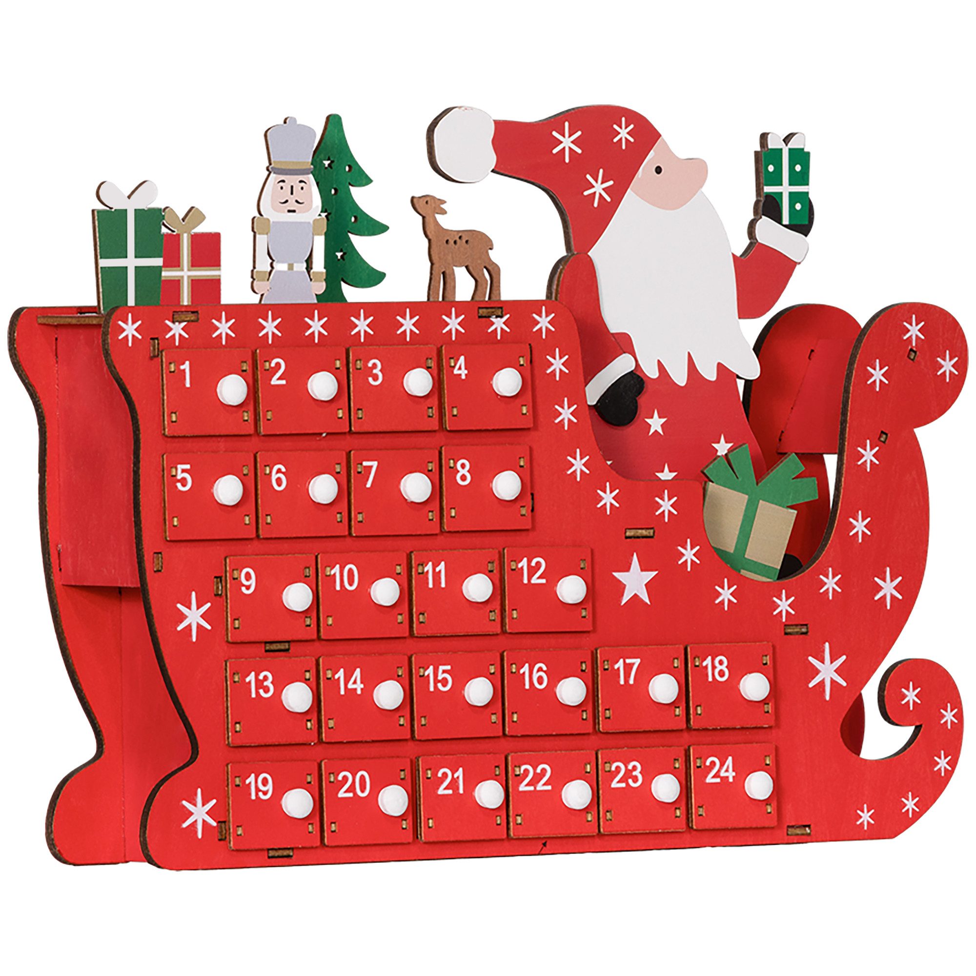 HOMCOM Weihnachtsdorf Weihnachts-Adventskalender mit 24 Schubladen Fächer DIY, MDF-Platte Rot 22,5 x 8 x 36 cm