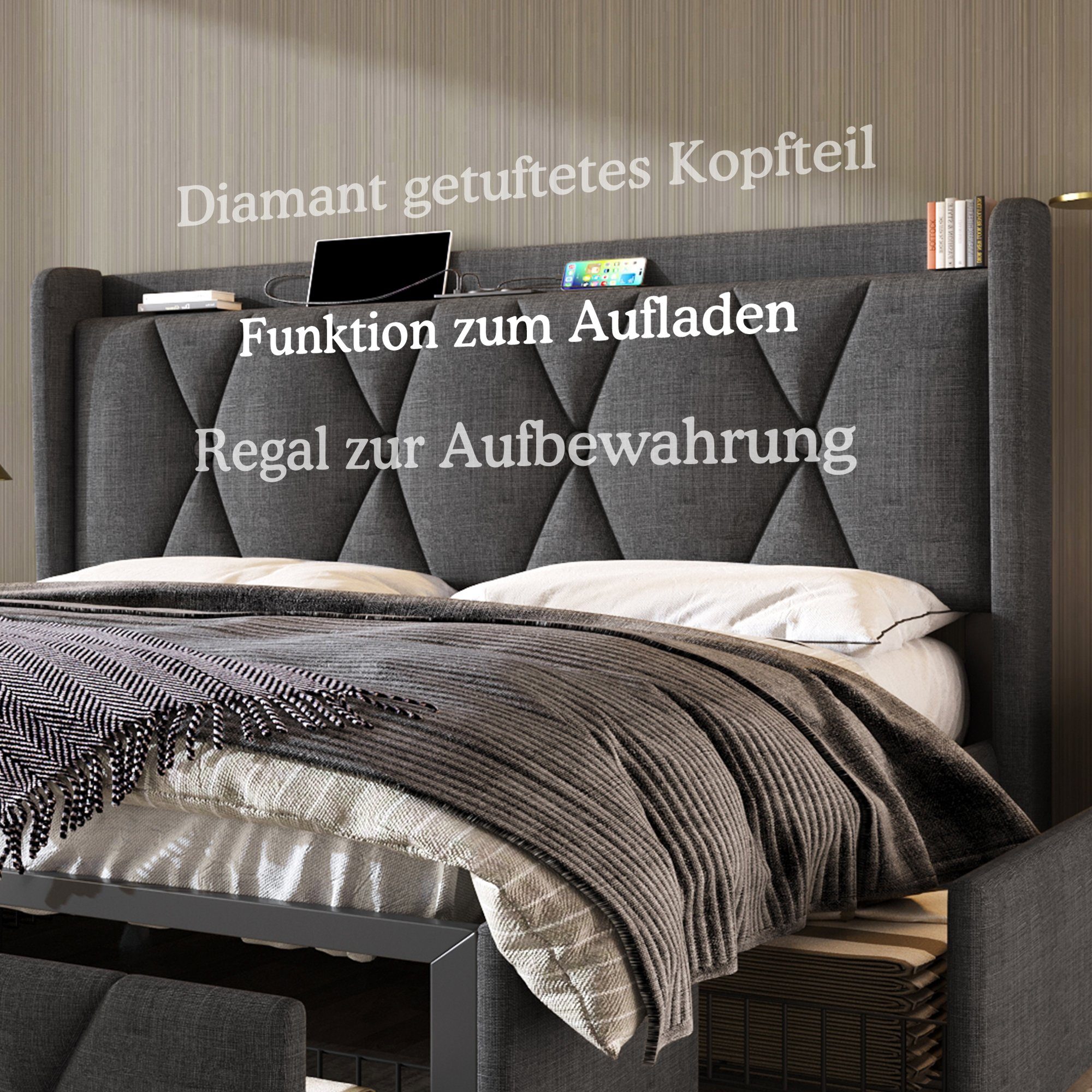 Polsterbett (Doppelbett Stauraumbett 160x200cm mit Lattenrost), mit Steckdose & USB Ladefunktion Kopfteil und 4 Schubladen, Leinen