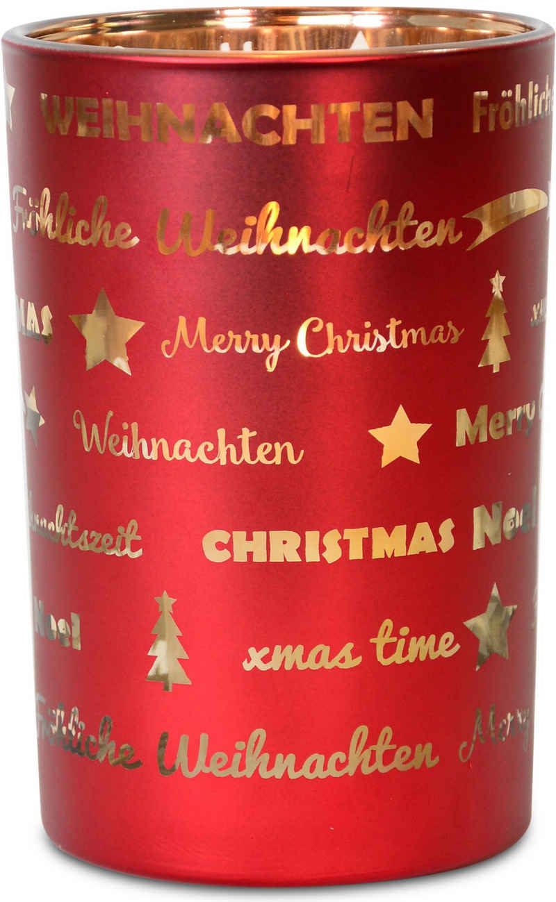 RIFFELMACHER & WEINBERGER Windlicht »Fröhliche Weihnachten, Weihnachtsdeko«, mit besonderem Schriftzug. aus Glas, Höhe 18 cm, Teelichthalter