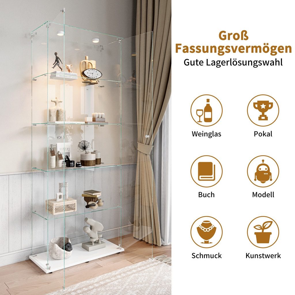 Simurq Glasvitrine Standvitrinen mit LED-Beleuchtung, Modern Glas Vitrinenschrank (1-St,Glas Vitrine mit 2 Glastür und 5 Lagen,Standvitrine mit Schloss) Modern  – Bild 3 von 5