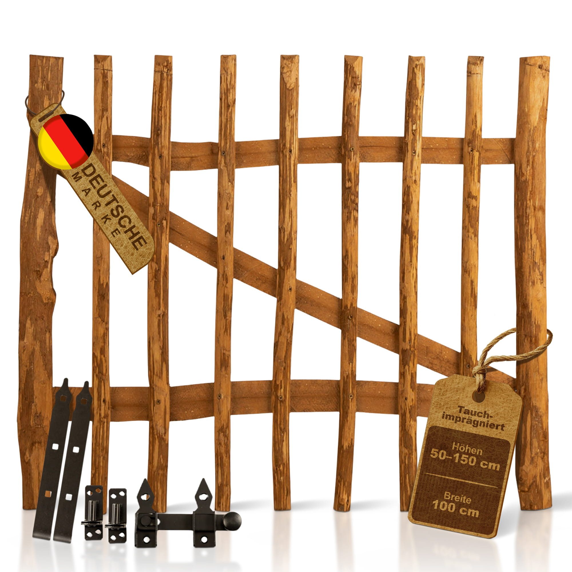 BooGardi Gartentor Holztor für Staketenzaun 100cm breit imprägniert, (50 cm hoch x 100 cm breit · 3-5 cm Lattenabstand in 14 Größen), Gartentür für Holzzaun · Bauerntor · Garten · Zaun · Haselnuss · Holz