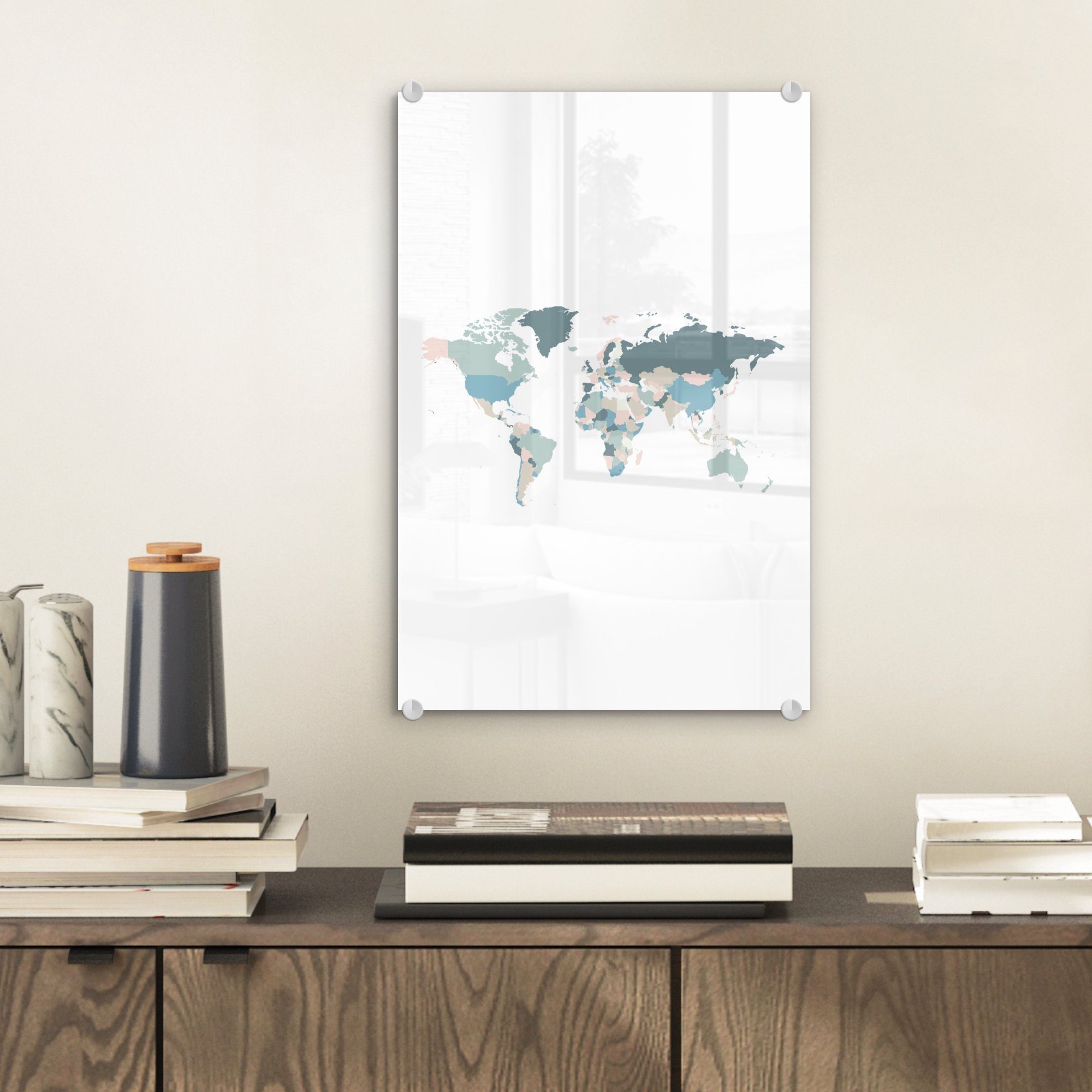 MuchoWow Acrylglasbild Weltkarte auf (1 Glas Wandbild Wanddekoration - Länder, - Pastell St), - auf Bilder - Foto Glasbilder Glas 