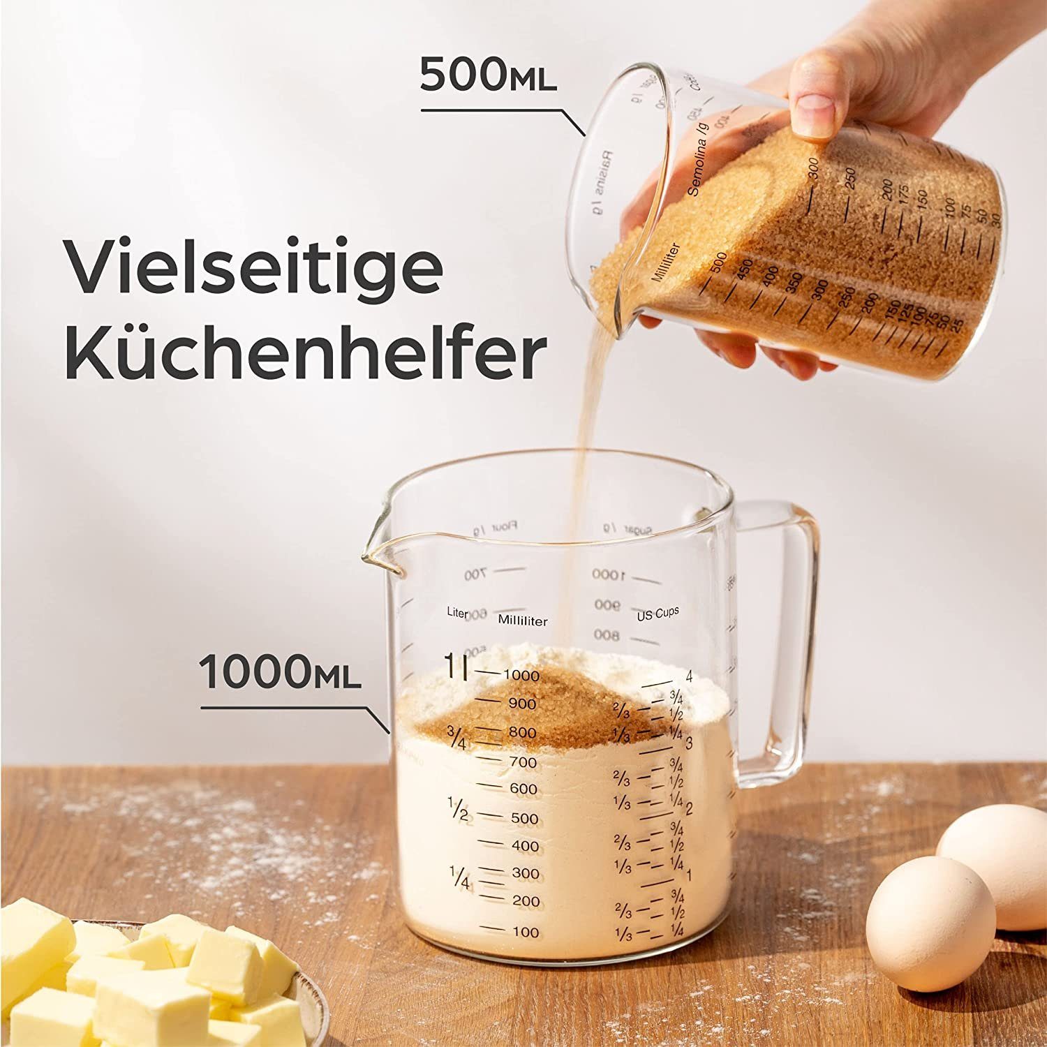 Praknu Messbecher Glas Messbecher mit Ausguss - 1L & 500ml - Hitzebeständig &, Borosilikatglas, (Set)
