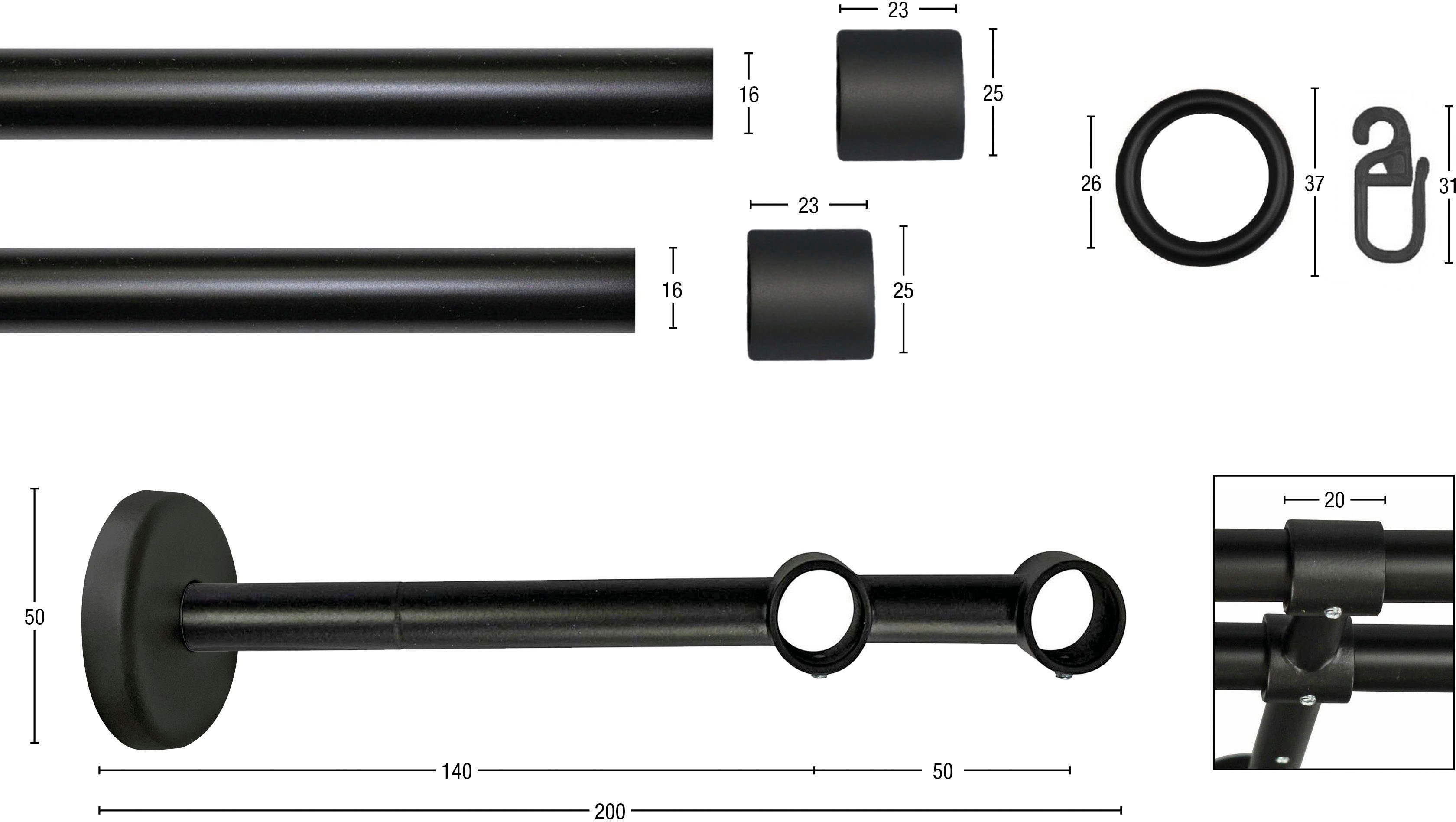 GARESA Gardinenstange RUSTIKA, Ø 16 mm, 2-läufig, Wunschmaßlänge, verschraubt, Metall, rustikale Vorhanggarnitur, verlängerbar, m. Ringe, Endkappe
