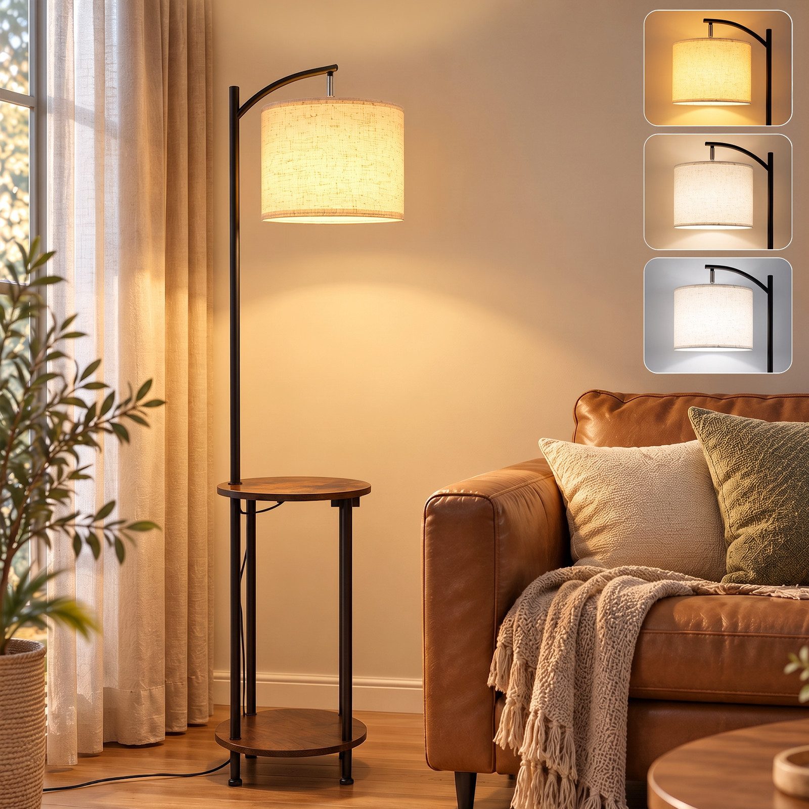 Nettlife Stehlampe Regal,Vintage Stehleuchte aus Stoff E27,dimmbare Bogenlampe&Leselampe, LED wechselbar, 9W Leuchtmittel Leselampe Wiederaufladbar für Schlafzimmer Wohnzimmer