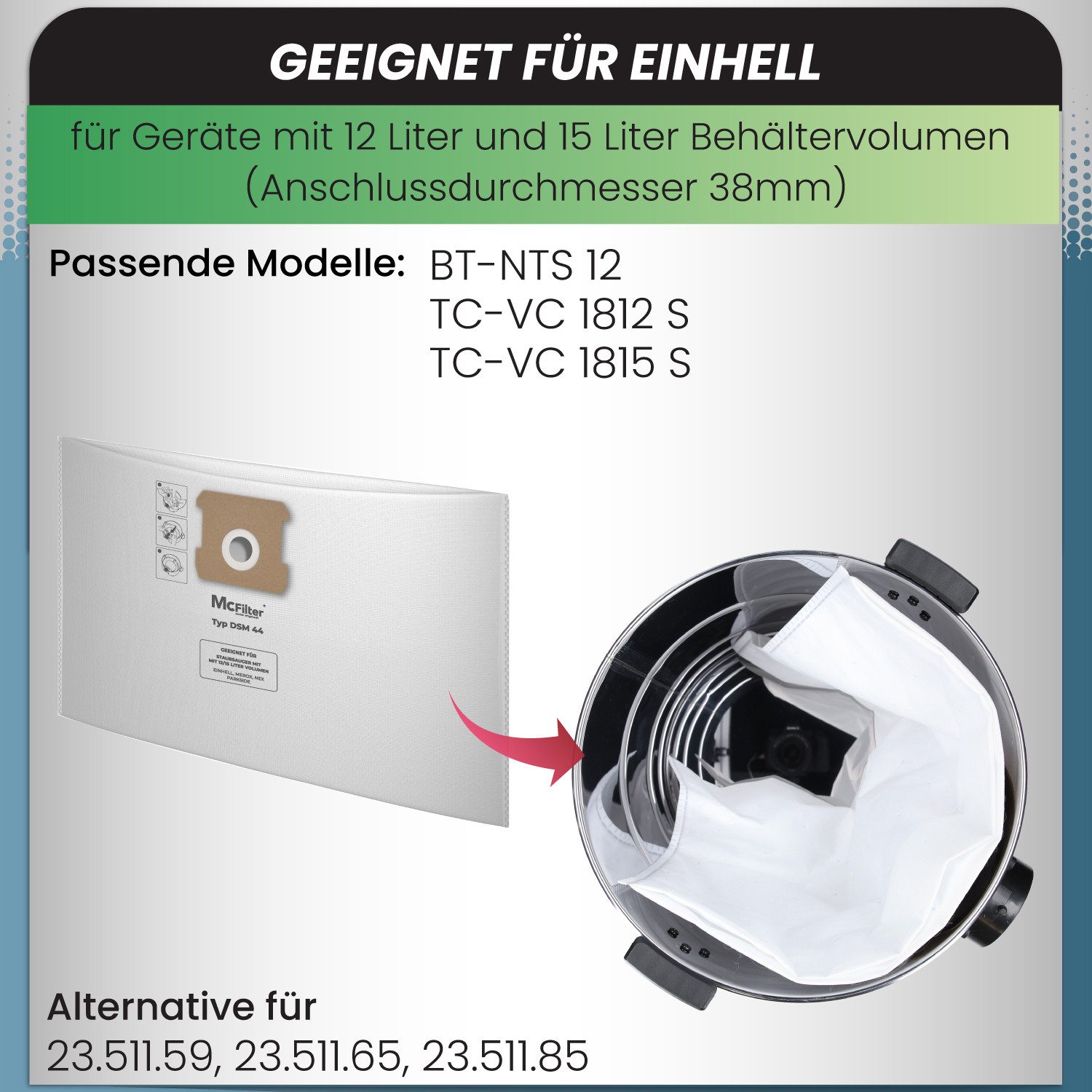 McFilter Staubsaugerbeutel (10 Stück) geeignet für Einhell, passend für ALLE Einhell 10 Liter & 12 Liter Nass-Trockensauger, 10 St., Beutel - Typ DSM 44