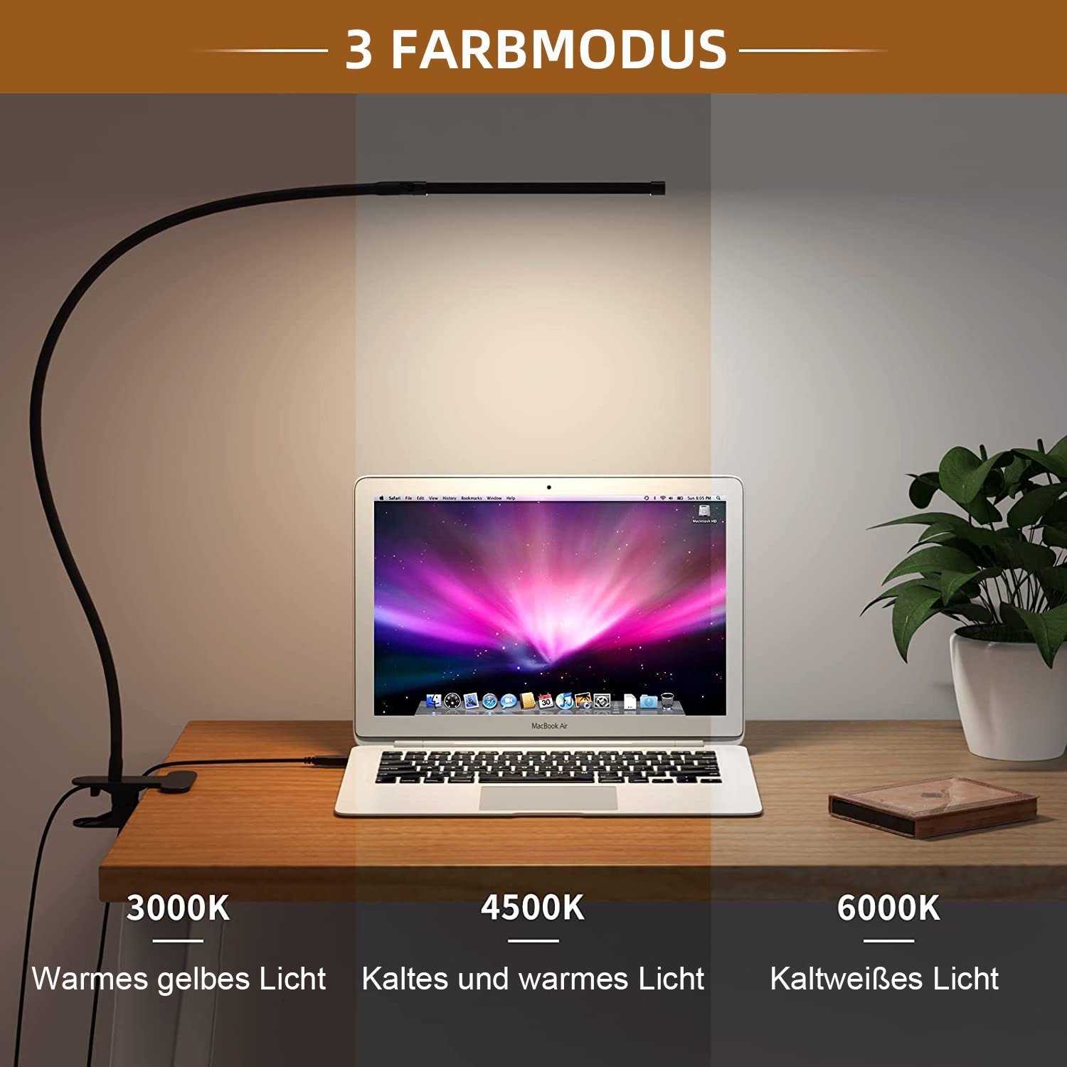 MUPOO LED Schreibtischlampe LED Klemmleuchten,3 Farbtemperatur,Clip-on-Lampe,Leselampe Klemme, 70cm USB-Betrieben,20cm Lampenkopfgröße, 40cm/70cm Lampenhöhe,USB – Bild 3 von 5