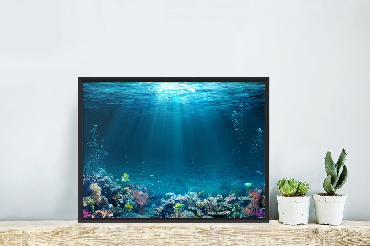 MuchoWow Poster Ozean Rahmen, St), Gerahmtes Korallen, Bilderrahmen - Kunstdruck, Fische Schwarzem - (1 Poster, mit