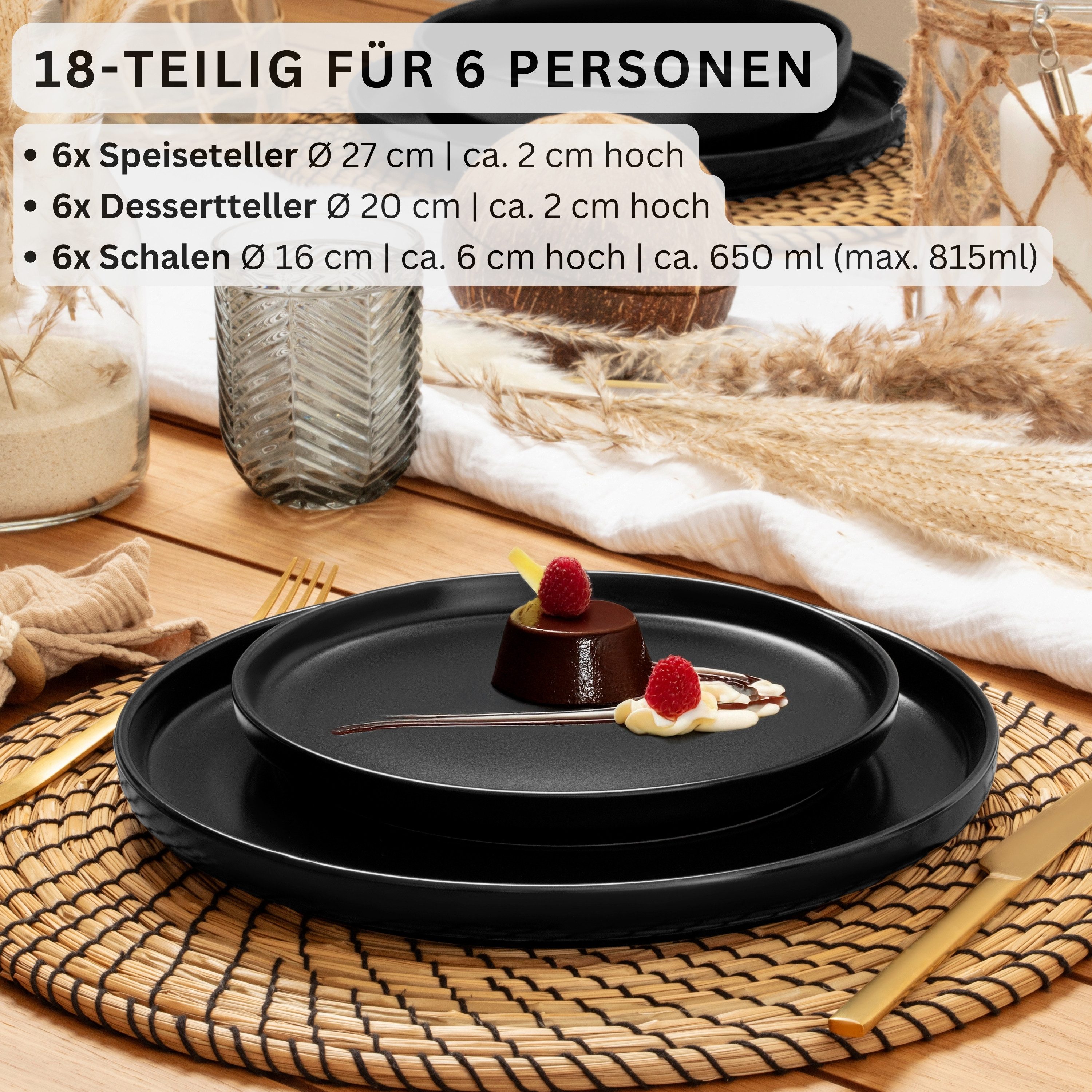 SÄNGER Tafelservice Madeira Geschirr-Set (18-tlg), 6 Personen, Steingut, schwarz Matt, Tafelservice, Handmade, VALUE COLLECTION – Bild 2 von 5