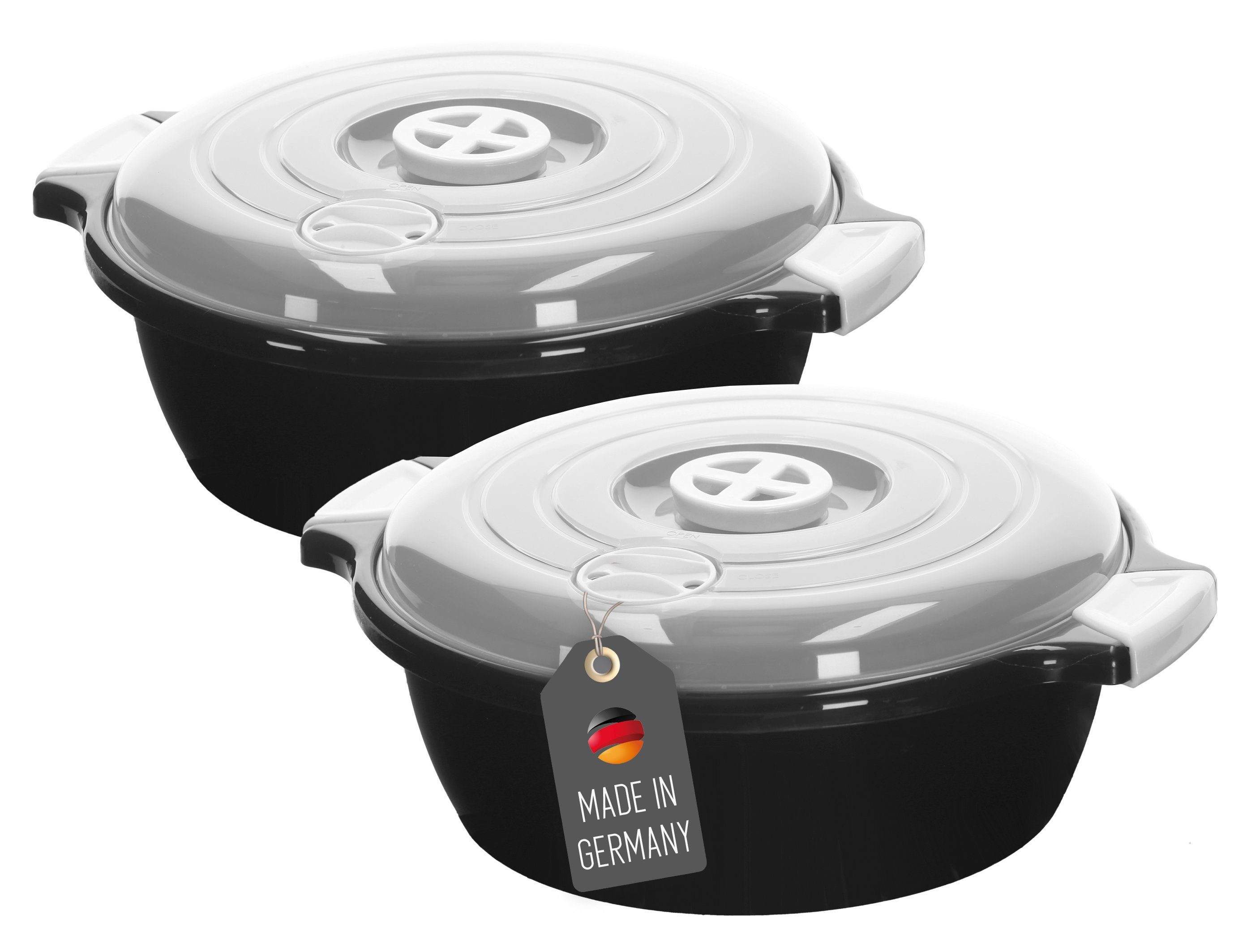 Lantelme Mikrowellenbehälter Mikrowellenschüssel Set rund Mikrowellen Picknick Schüssel, lebensmittelecht, (Spar-Set, 2-tlg., 2 Stück Set Mikrowellenschüssel Volumen 1,8 Liter Volumen), mit Deckel und Dampfventil, Deutsche Herstellung